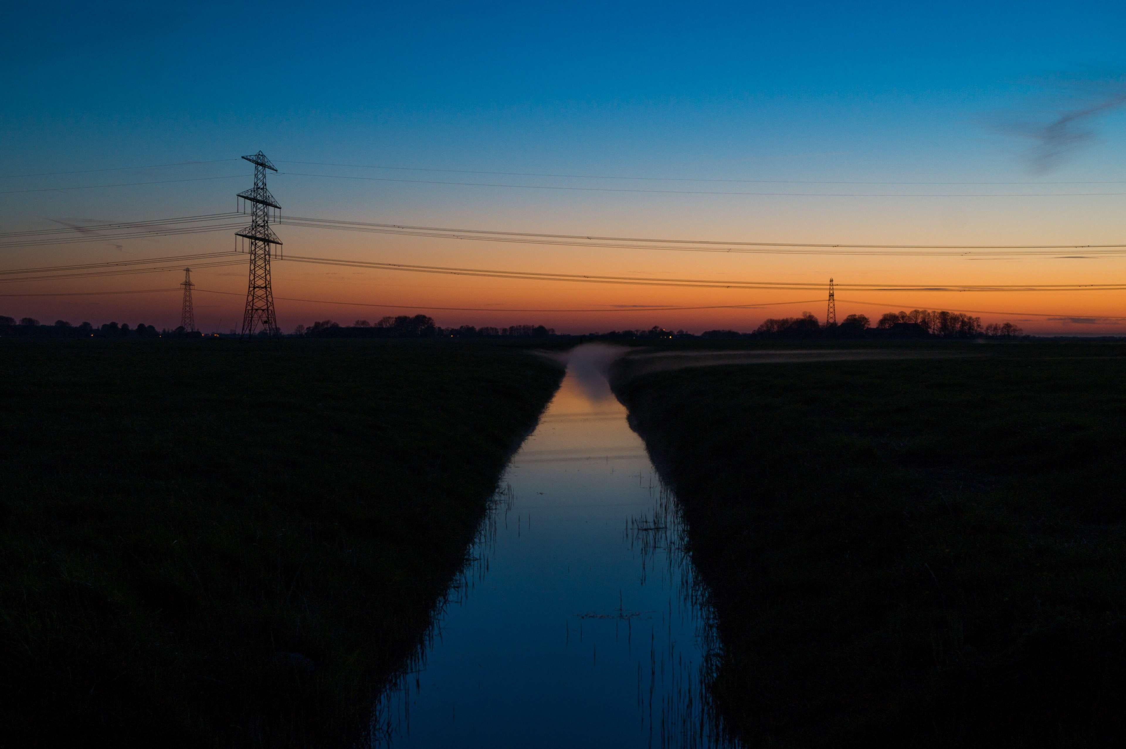 electricity pylon, river, scenics - nature, tranquil scene, silhouette, orange color, dark, sky, twilight, power supply, dusk, dawn, sunset, field, landscape, HD Wallpaper