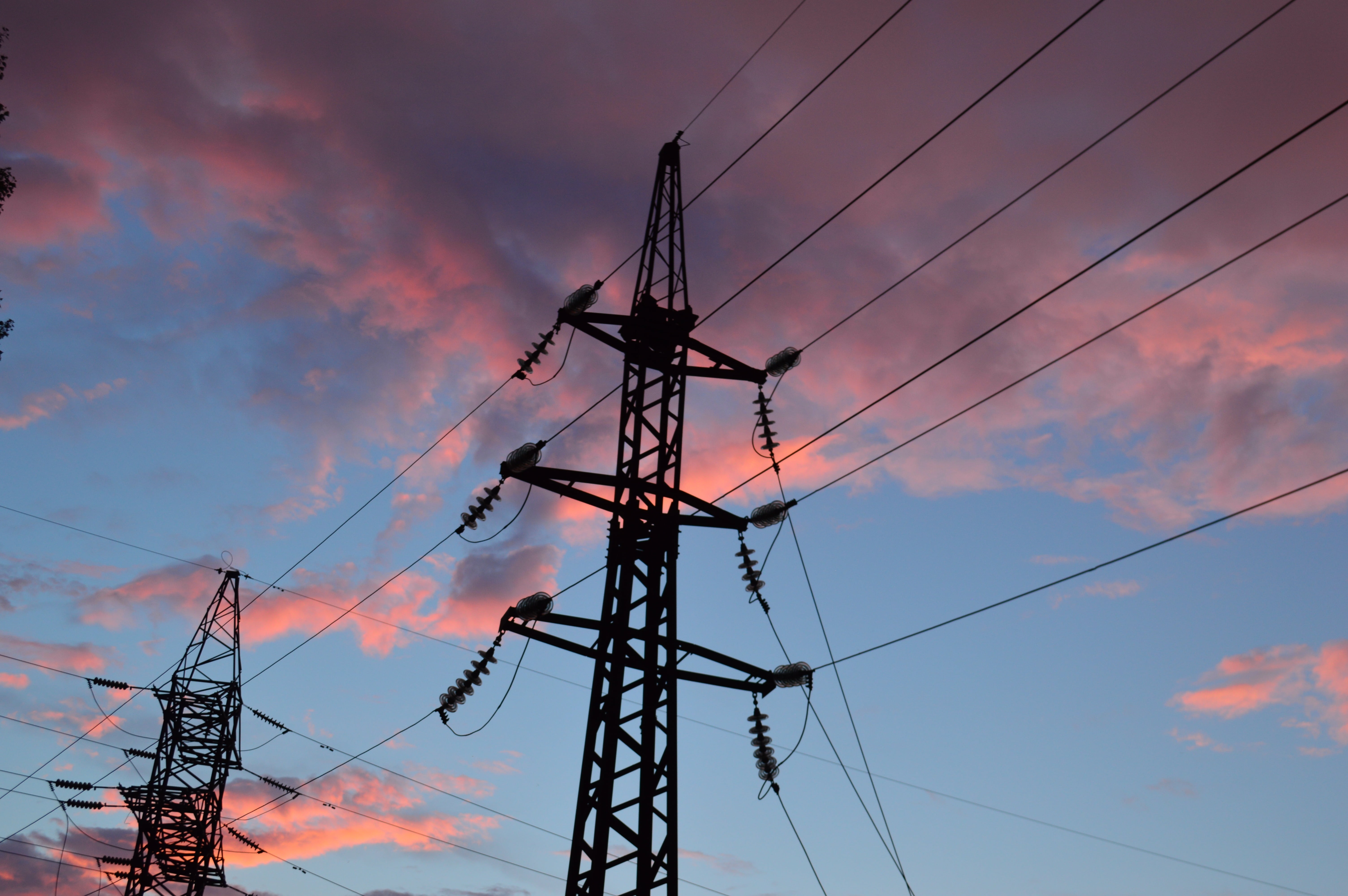 technology, 5K, built structure, electrical equipment, pink clouds, cables and sky, wire, electricity pylon, sky, cable, iron - metal, wire against the sky, HD Wallpaper