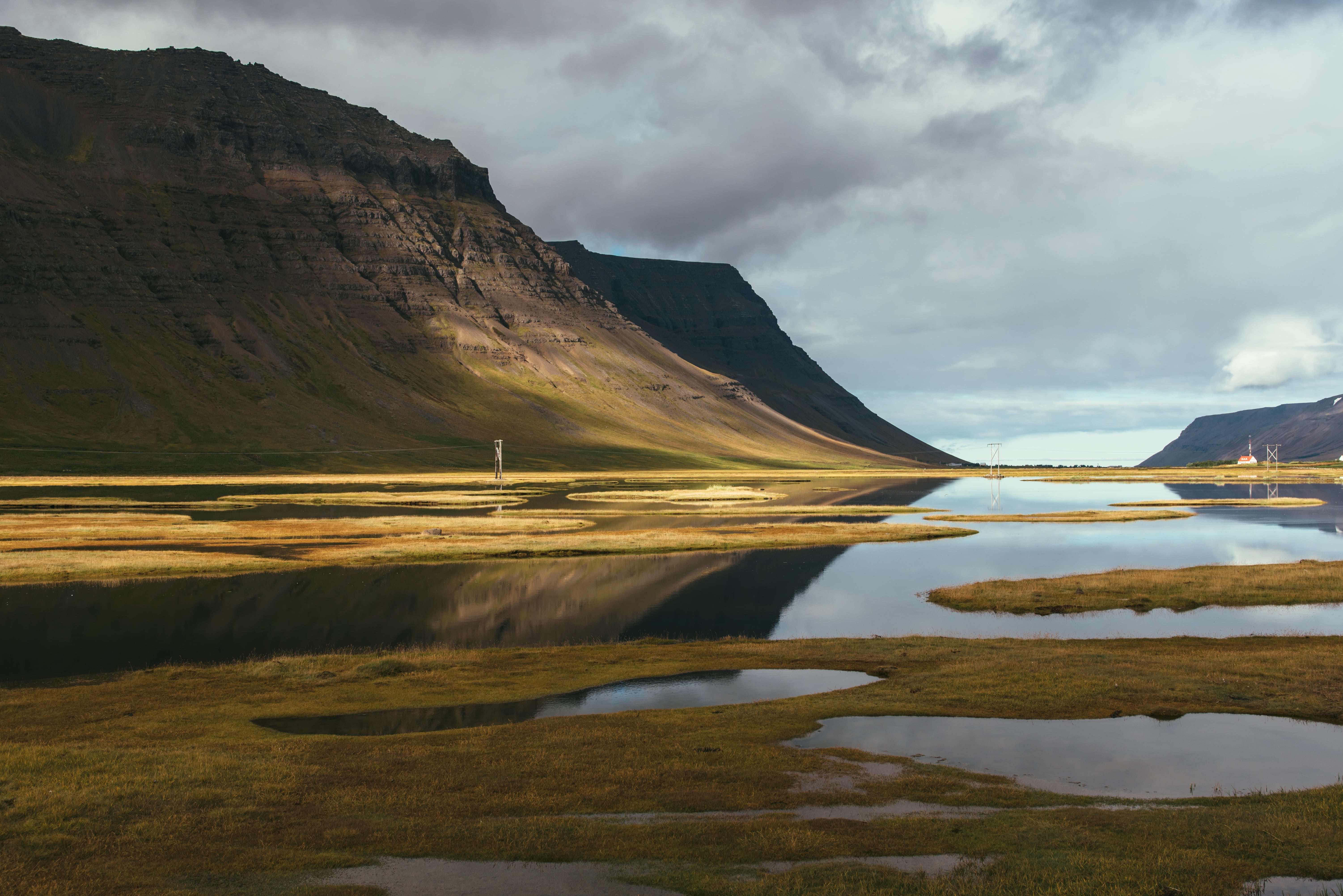 5K, body, lake, tranquility, day, nature, cloudy, transmission, no people, idyllic, reflection, scenics - nature, environment, landscape, near, calm, mountain, HD Wallpaper