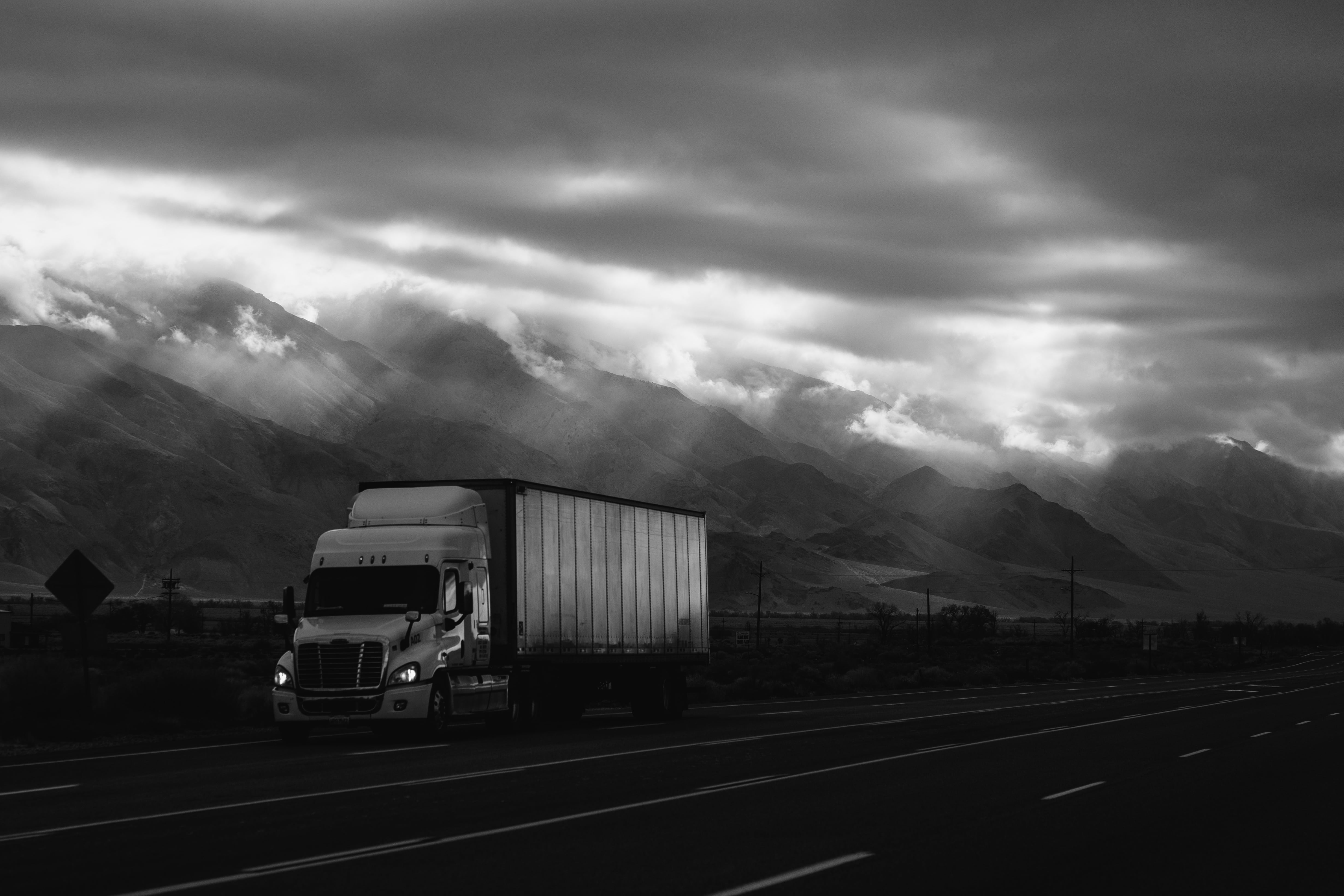 landscape, photo, clouds, box, motion, cloud - sky, street, line, transportation, car, semi-truck, storm cloud, highway, nature, land vehicle, freight transportation, HD Wallpaper