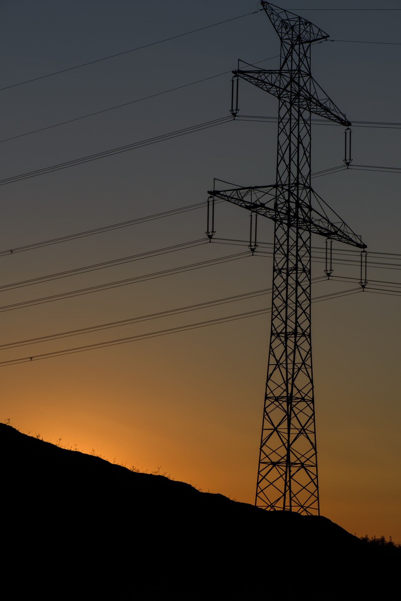 transmission tower, electric pylon, 1080P, light, tall, electricity pylon, nature, no people, industry, electrical equipment, cable, power supply, orange color, Phone HD Wallpaper
