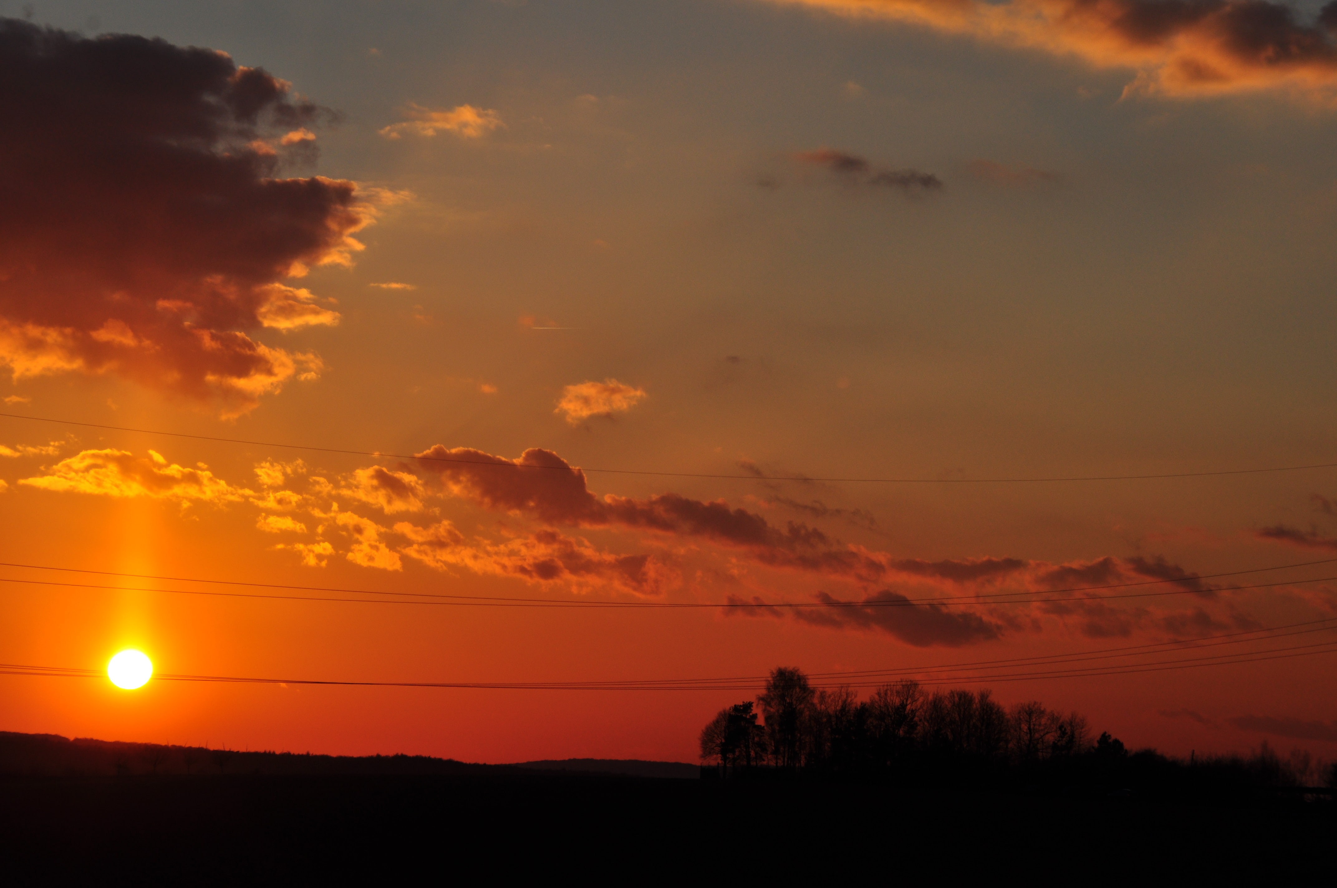 dark, sunlight, 4K, sunset, sky, power lines, clouds, HD Wallpaper