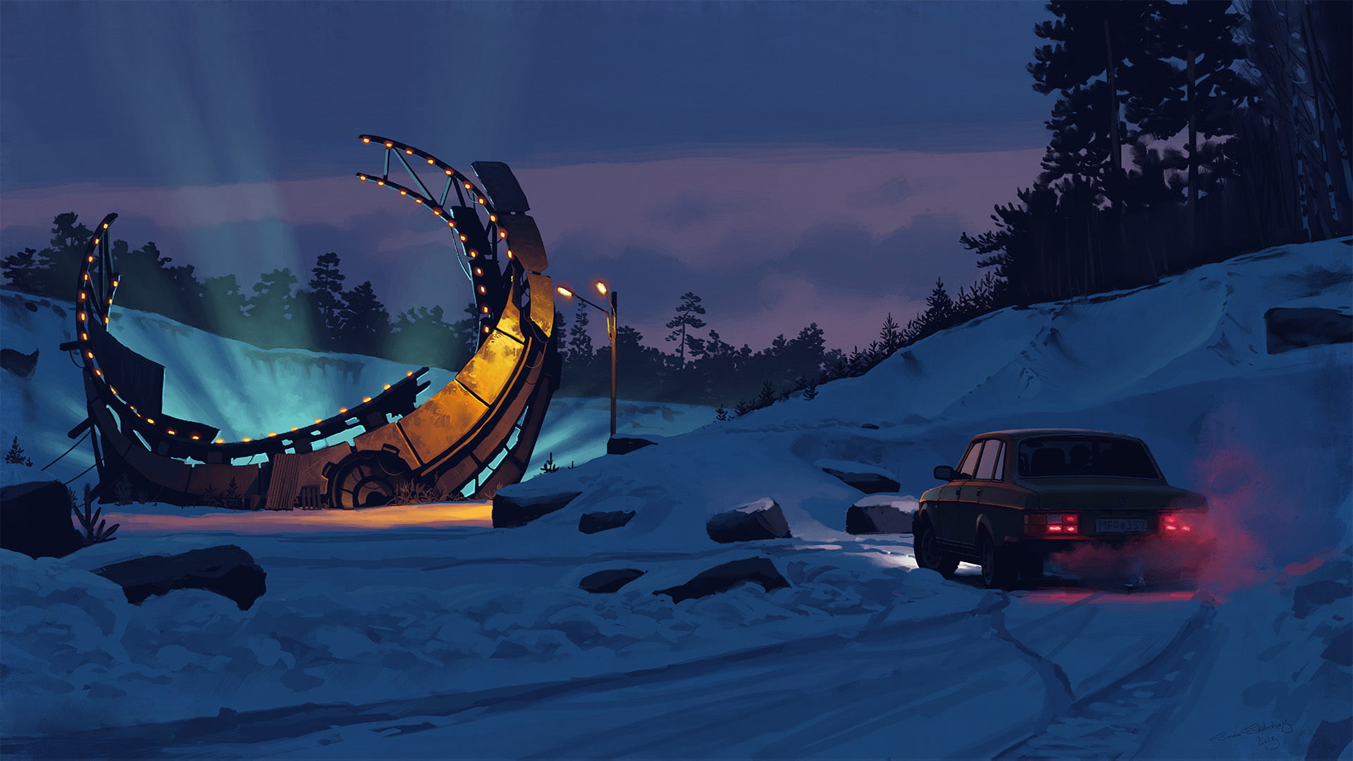 Simon Stelenhag, black, trajector, transportation, winter, no people, light, snow, fiction, cold temperature, tree, vehicle, art, dusk, stones, scenics - nature, HD Wallpaper