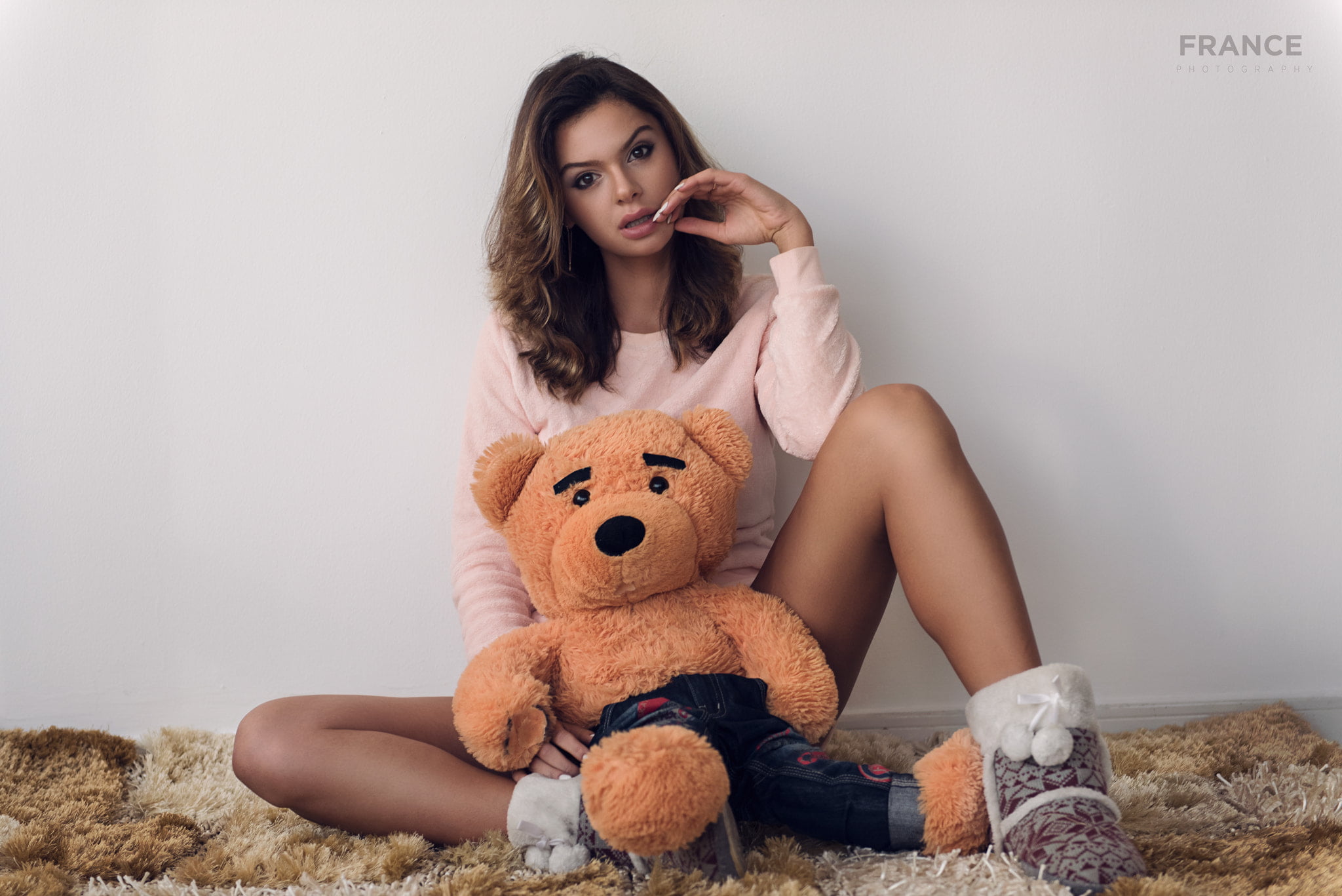 hairstyle, depression - sadness, lifestyles, home interior, portrait, one person, sitting, tanned, toy, young adult, 1080P, holding, emotion, front view, HD Wallpaper