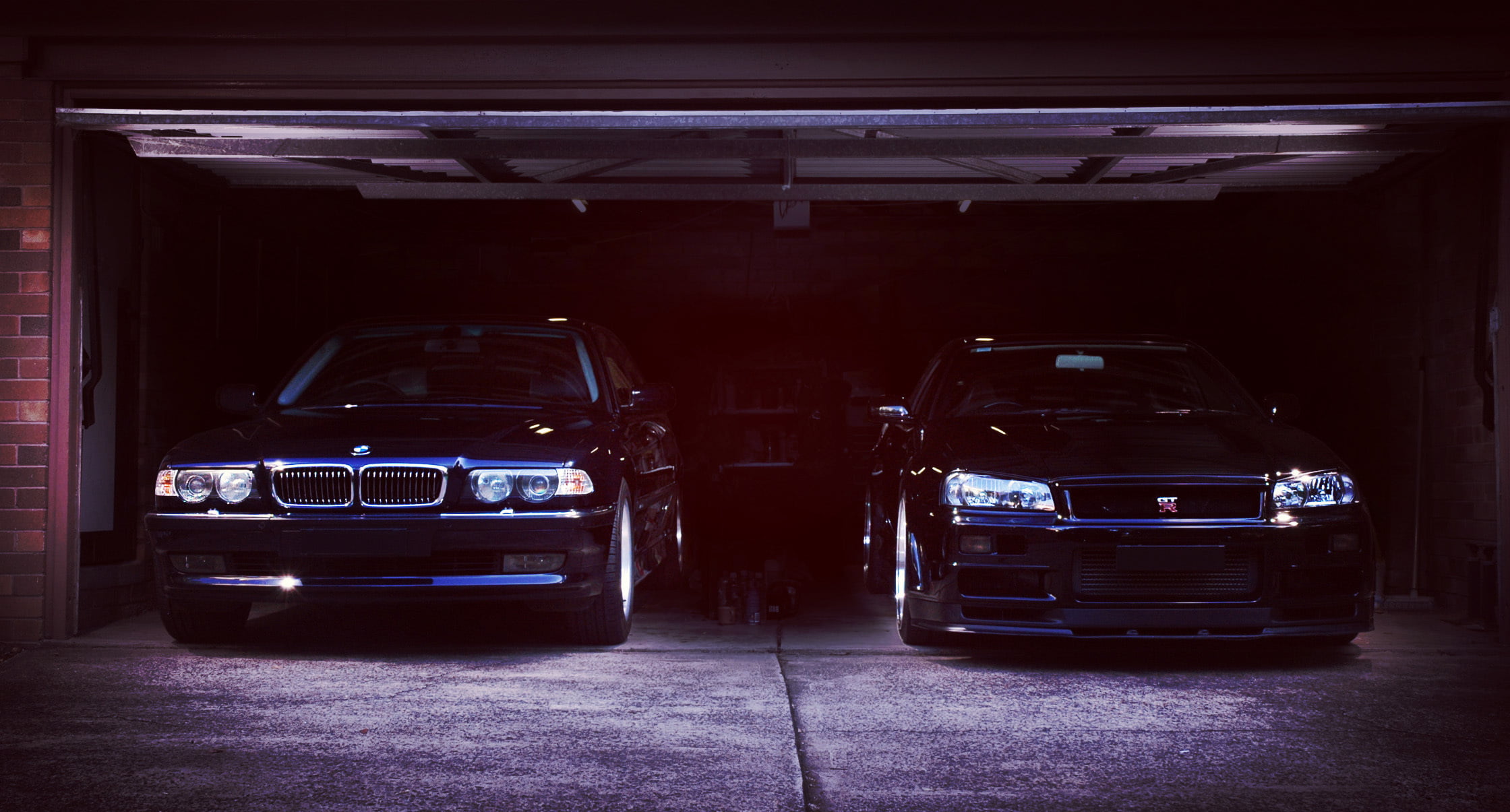 parking garage, travel, street, car, Boomer, BMW, vehicles, land vehicle, stationary, no people, E38, Nissan, illuminated, city, van - vehicle, architecture, HD Wallpaper