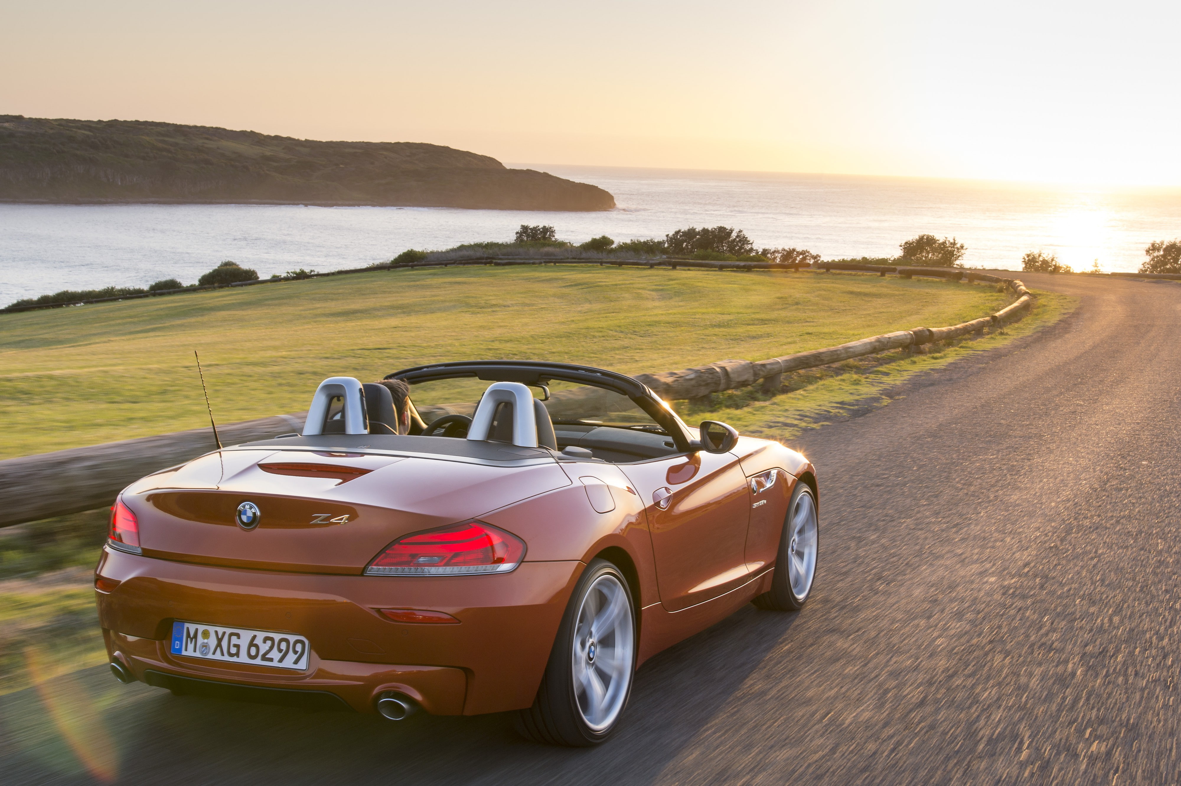 convertible, Roadster, BMW, landscape, car, hd, sports car, sunset, sports, 2014, 4K, boomer, auto, Bimmer, red, beautiful, cars, orange, sea, Z4, sun, HD Wallpaper