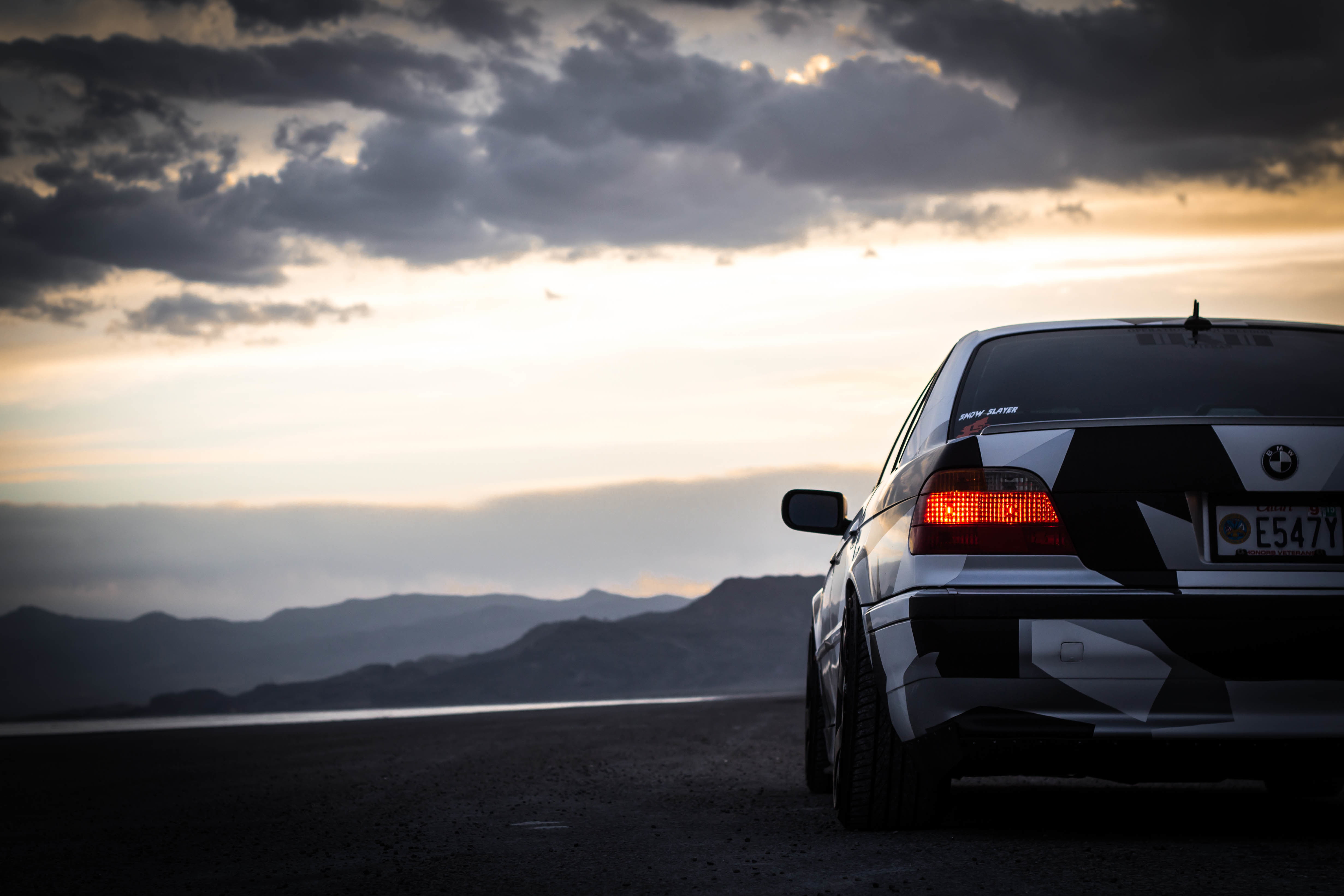 travel, land vehicle, idyllic, Alpina, mode of transportation, non-urban scene, cloud - sky, sunset, E38, mountain range, nature, camo, mountain, 740il, HD Wallpaper