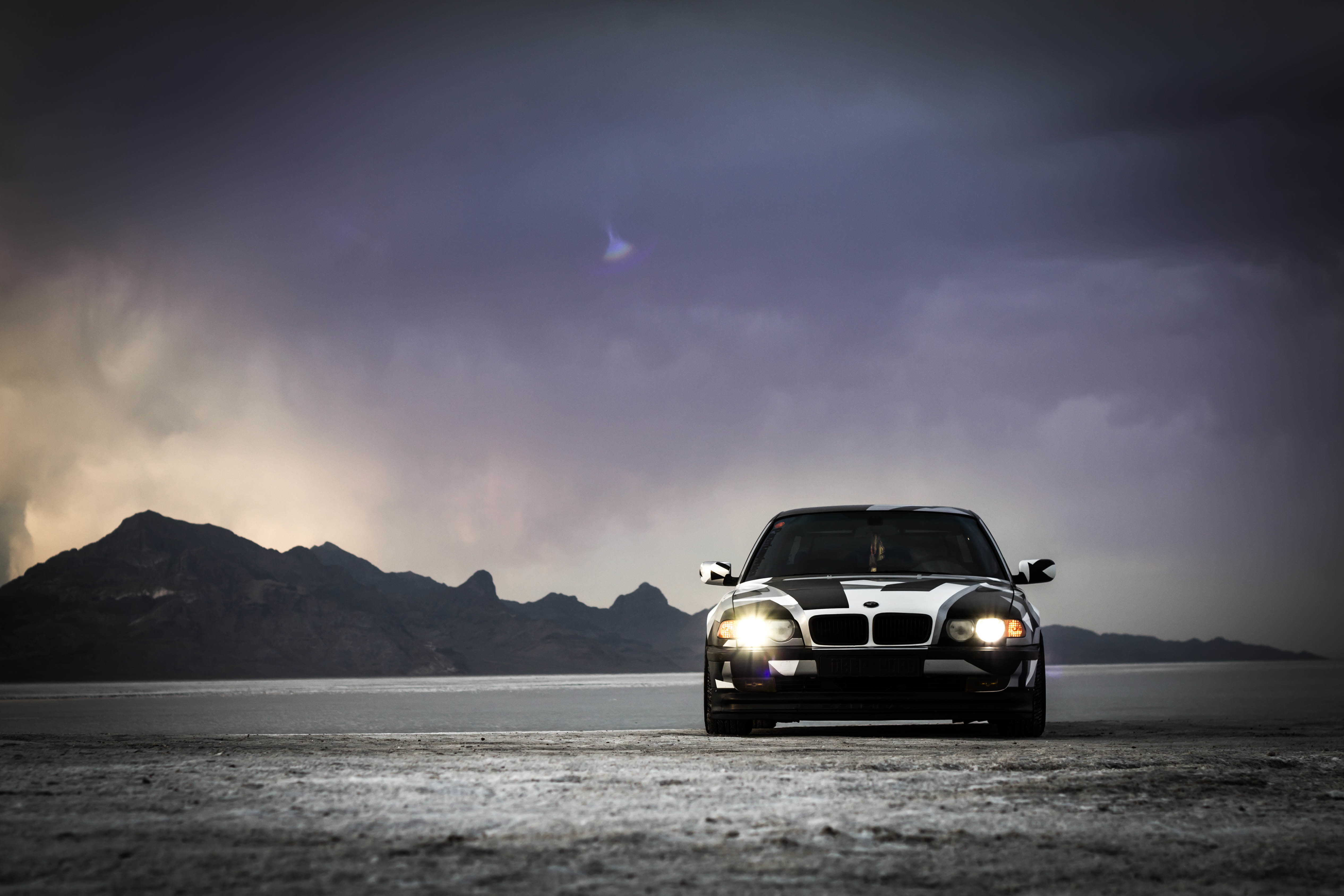 car, BMW, grey, E38, Alpina, 740il, winter, 4K, black, arctic camo, camo, Tuning, HD Wallpaper