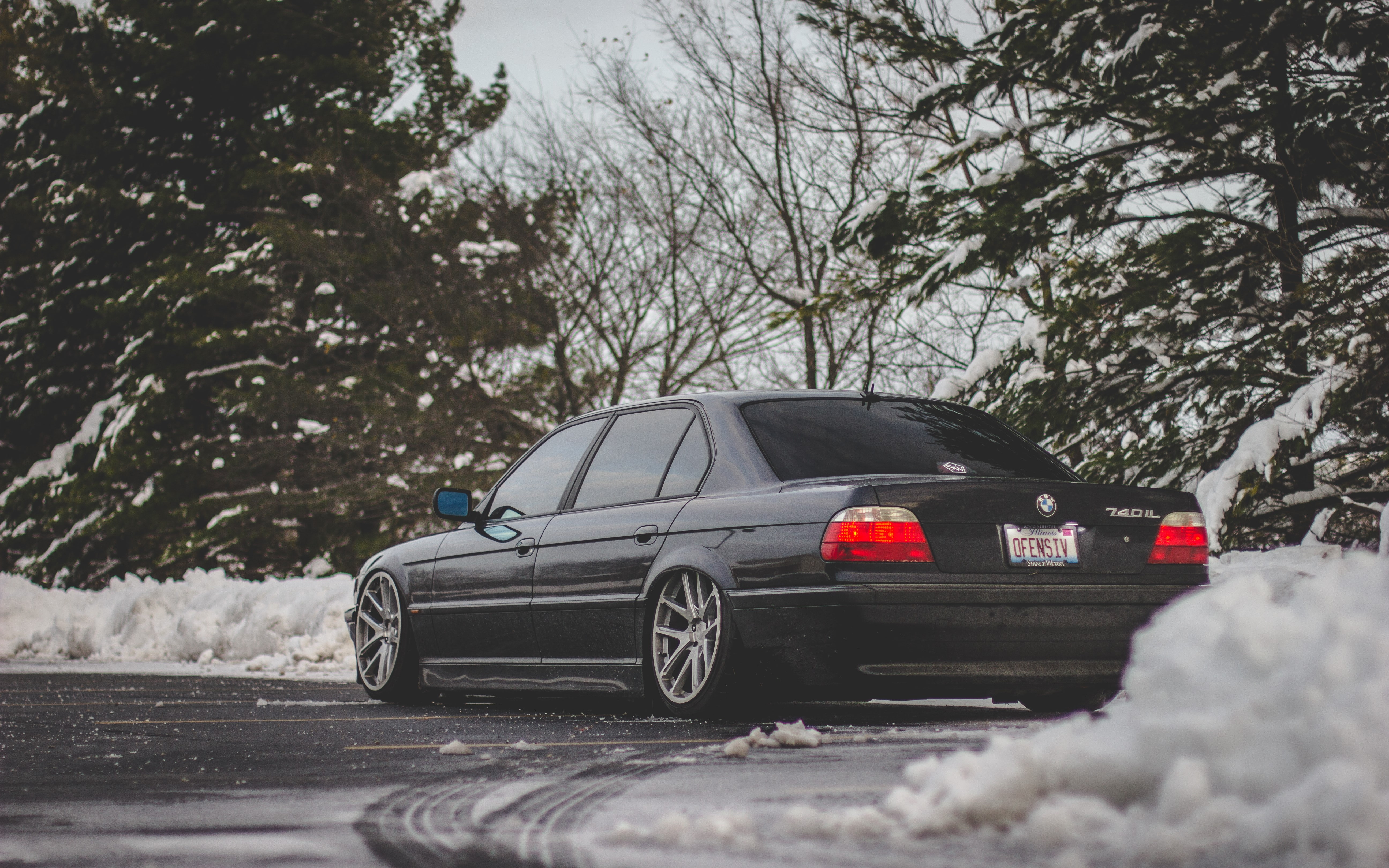 Bmw, motor vehicle, on the move, mode of transportation, nature, outdoors, Rear view, car, plant, road, snowing, motion, winter, snow, 740il, Black, 5K, HD Wallpaper