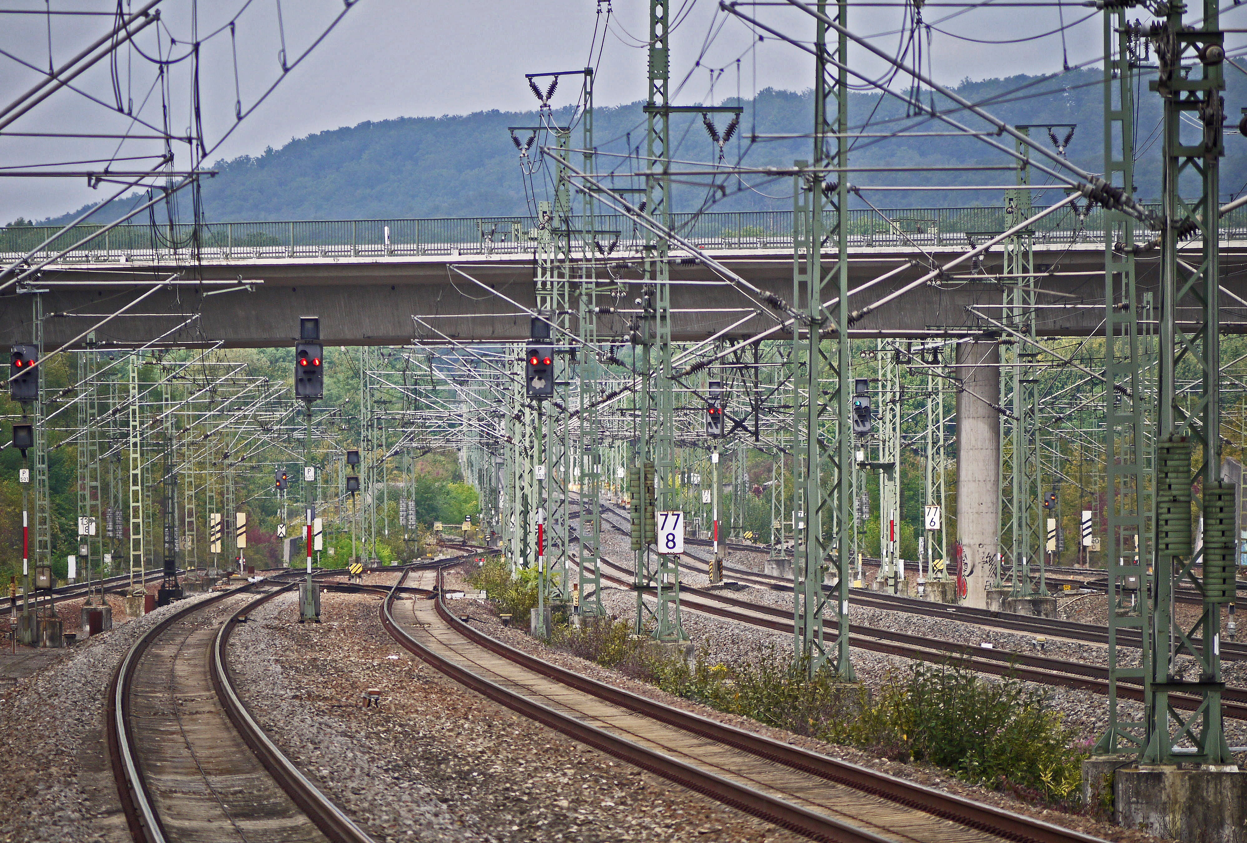 junction, electricity pylon, plant, mode of transportation, no people, stuttgart - mannheim, power supply, deutsche bahn, Vaihingen, seemed, electricity, HD Wallpaper