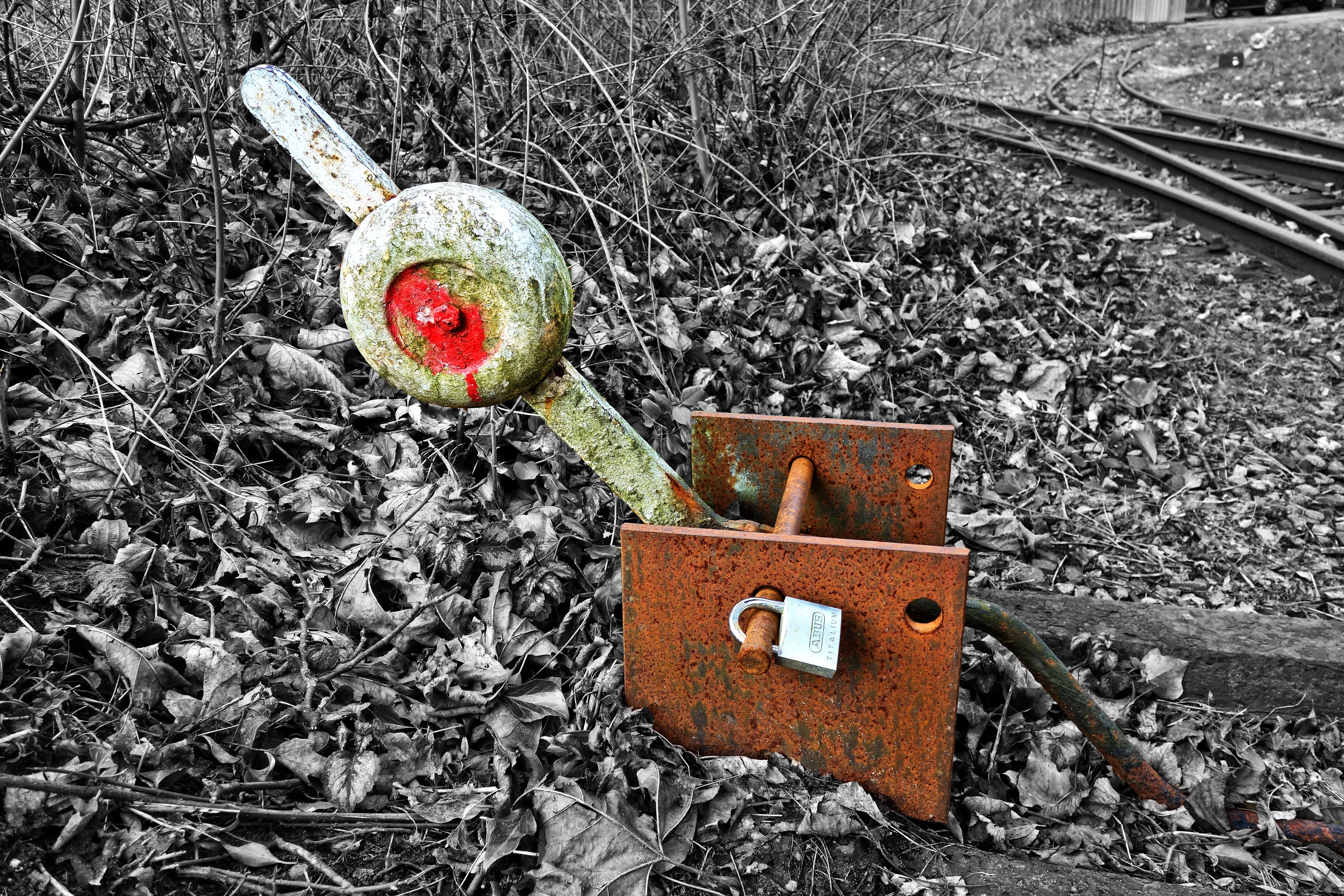 rail, field, food and drink, no people, rusty, close-up, metal, isolated color, train, land, outdoors, high angle view, damaged, 5K, switch, wood - material, HD Wallpaper
