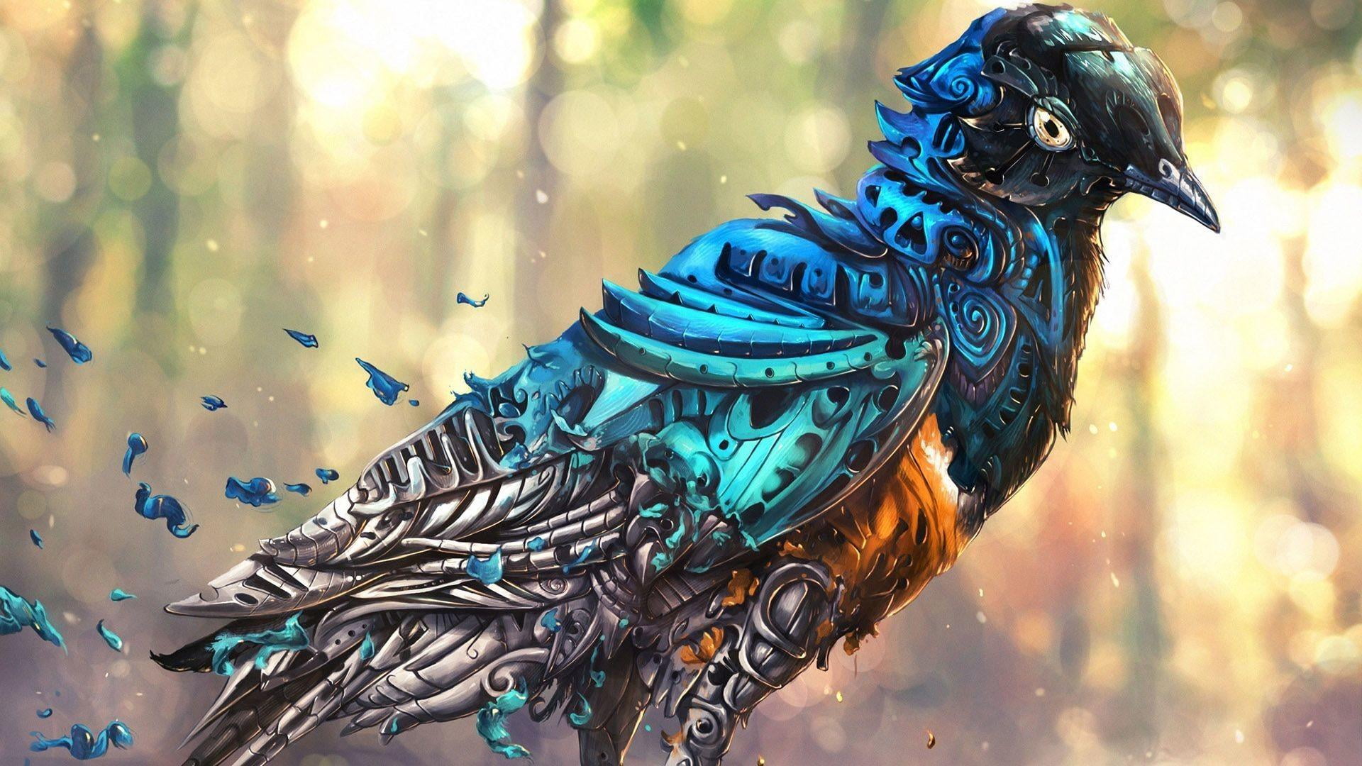 reflection, art and craft, close-up, 1080P, sculpture, design, bird, water, animal, cyberpunk, turquoise colored, blue bird, fantasy art, day, raven, animal representation, HD Wallpaper