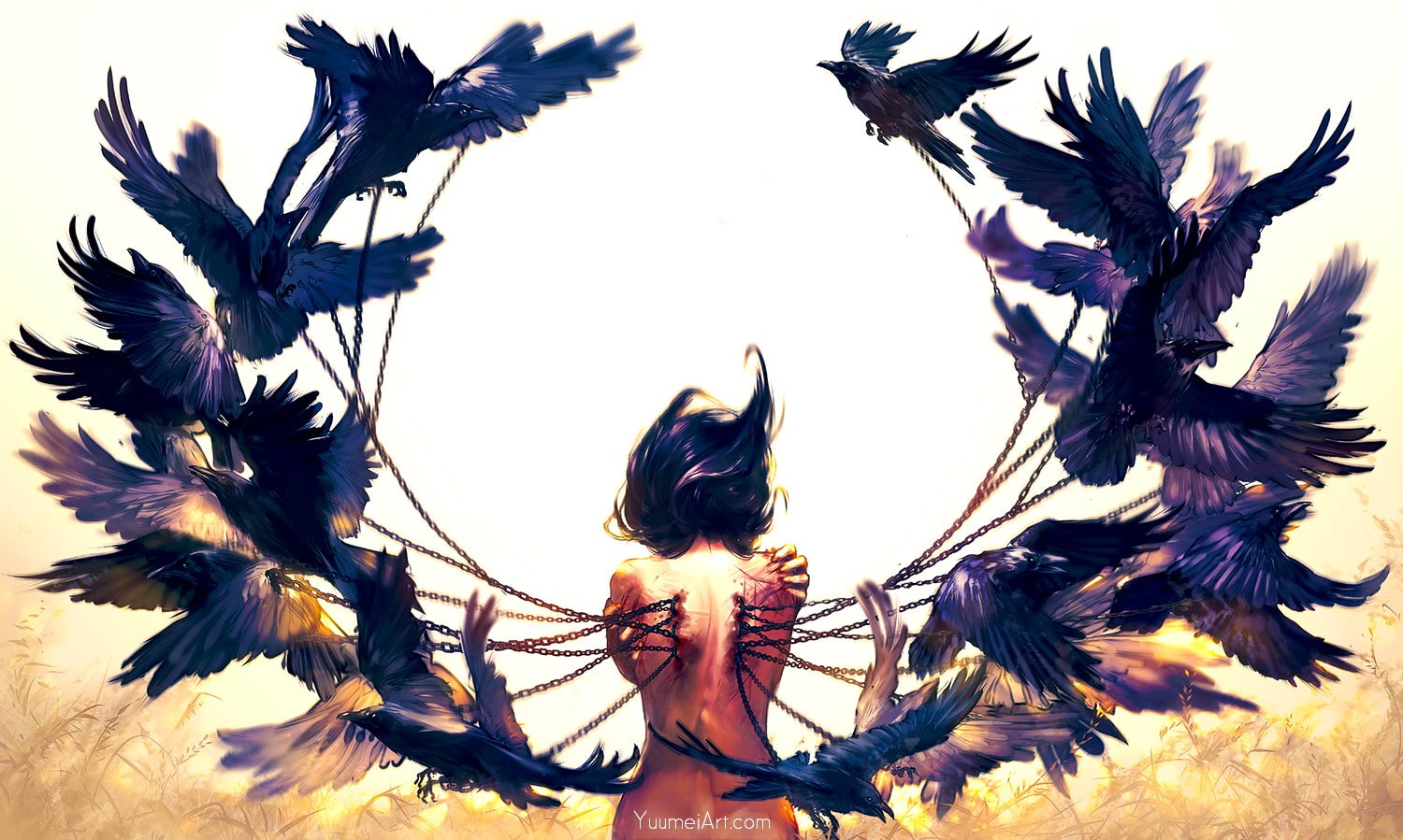 one person, flying, headshot, hairstyle, outdoors, feather, raven, women, digital composite, young women, crow, chains, flower, long hair, lifestyles, sky, HD Wallpaper