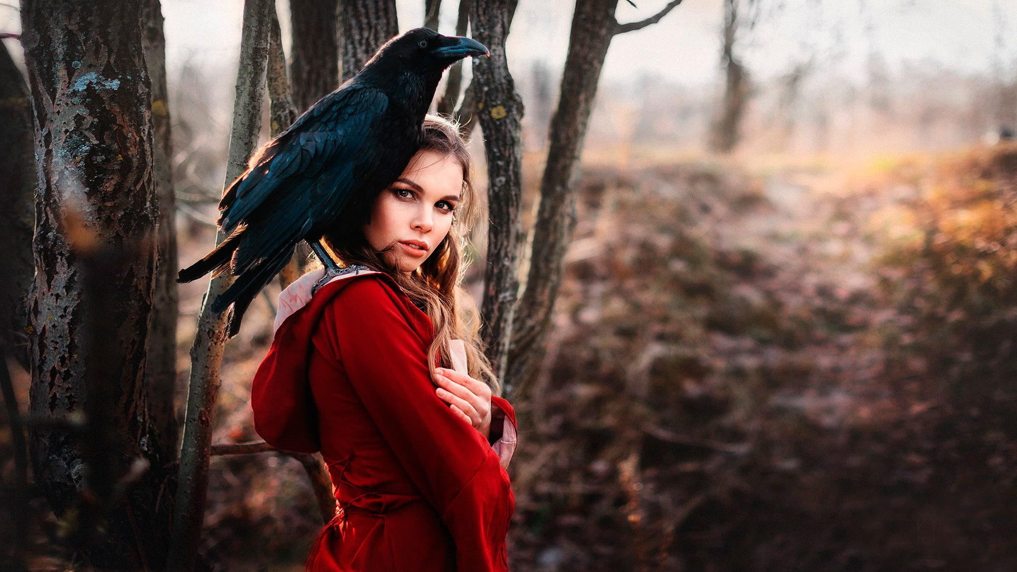 looking at camera, birds, dress, standing, woodland, long hair, nature, one person, contemplation, 1080P, hair, women outdoors, animals, beauty, beautiful woman, HD Wallpaper