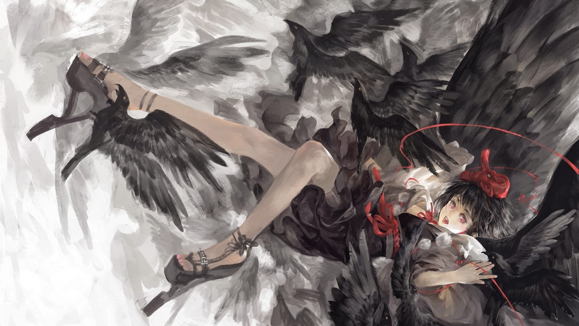 day, close-up, cold temperature, winter, birds, anime, anime girls, fantasy art, water, frozen, ice, 1080P, black color, animals in the wild, outdoors, HD Wallpaper