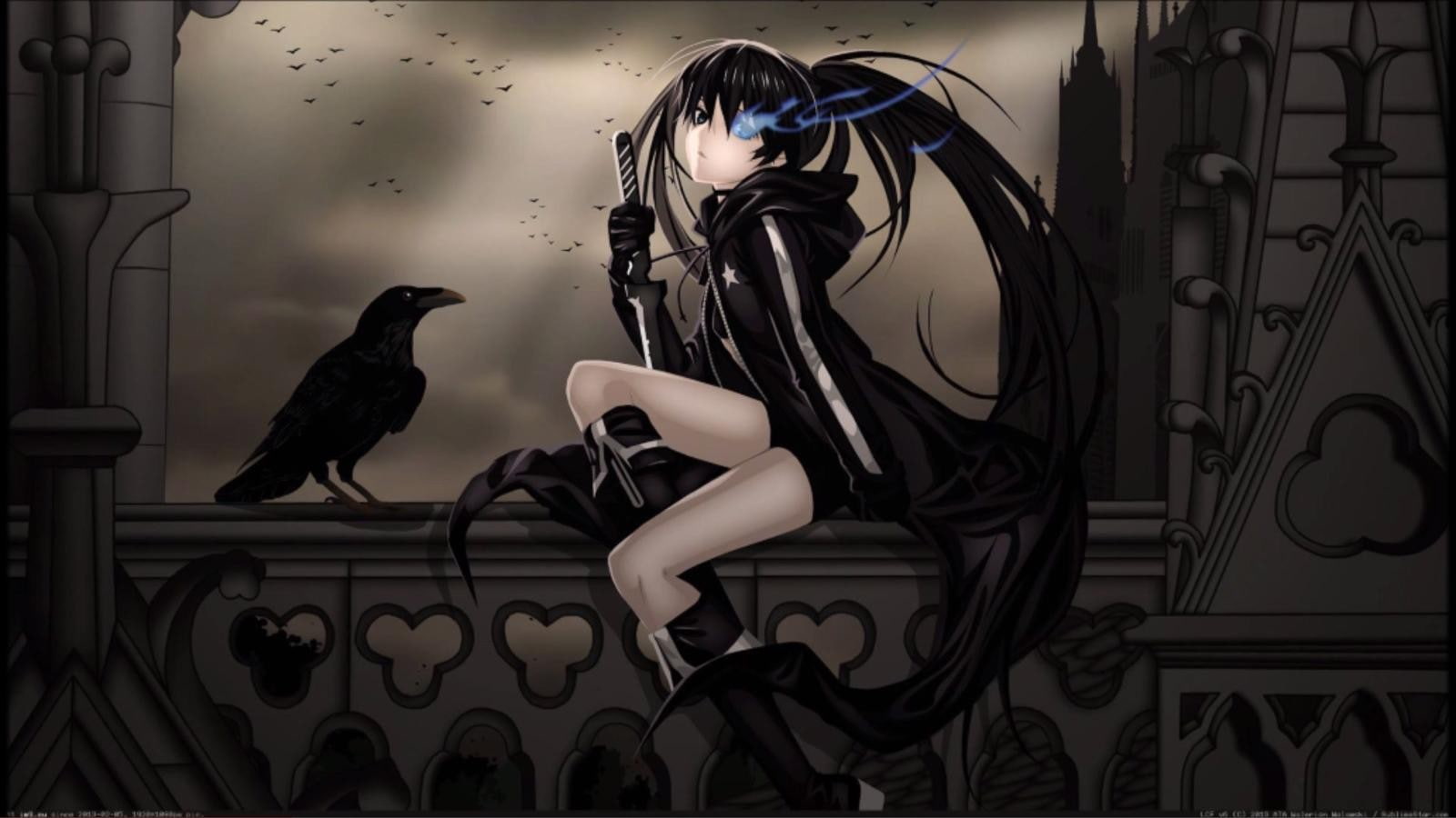 dark hair, 720P, black outfits, anime girls, animals, birds, anime, Black Rock Shooter, raven, HD Wallpaper