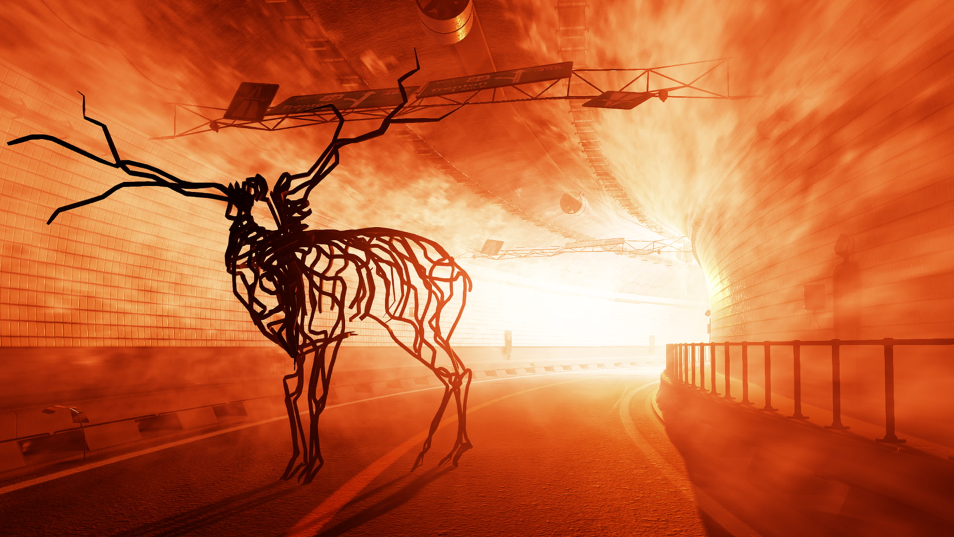 wires, deer, architecture, orange color, road sign, nature, built structure, skeleton, sun, sunlight, road, back lit, street, 1080P, silhouette, animals, HD Wallpaper