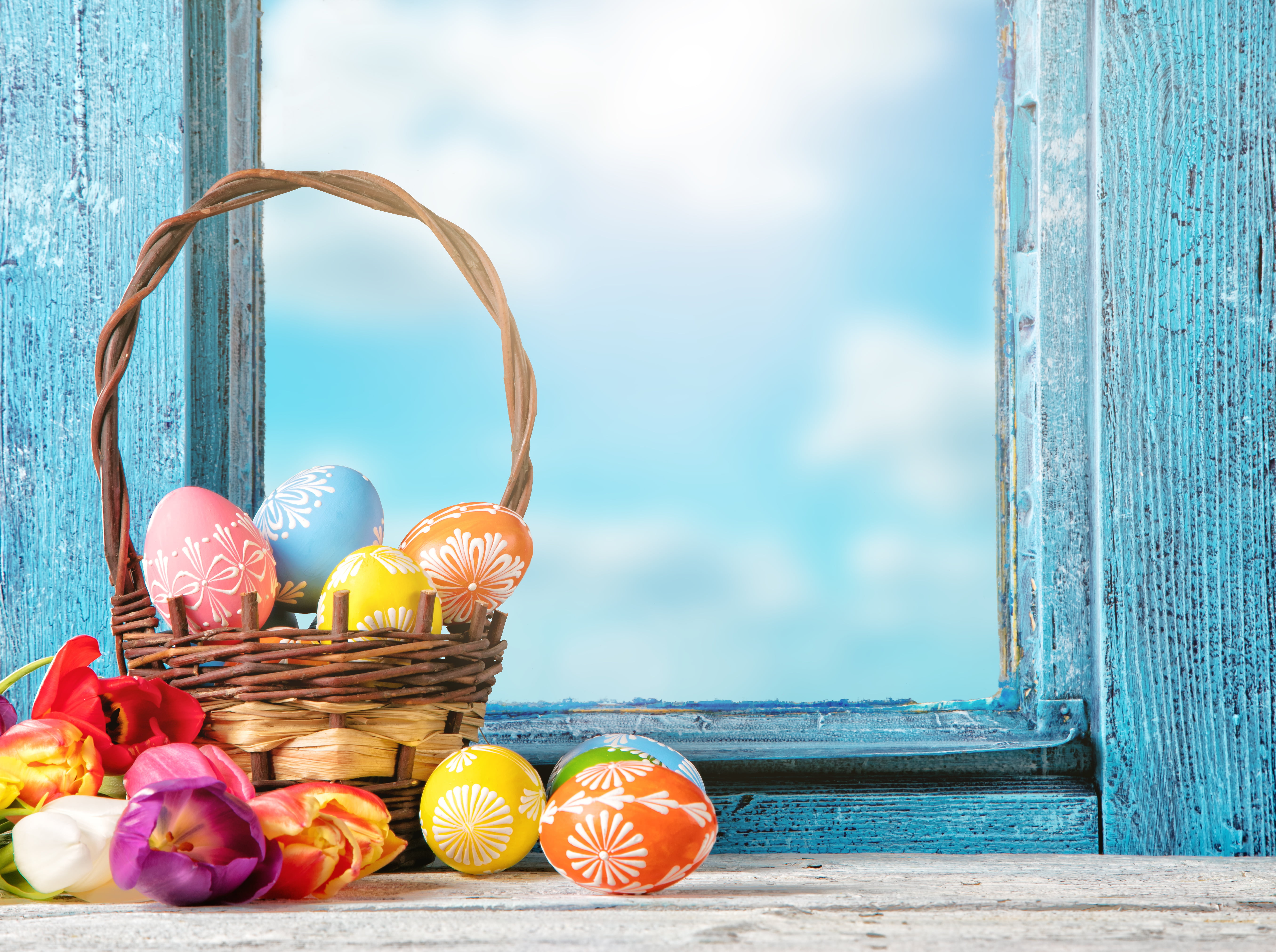 5K, Easter, flowers, Happy, decoration, spring, window, eggs, basket, tulips, HD Wallpaper