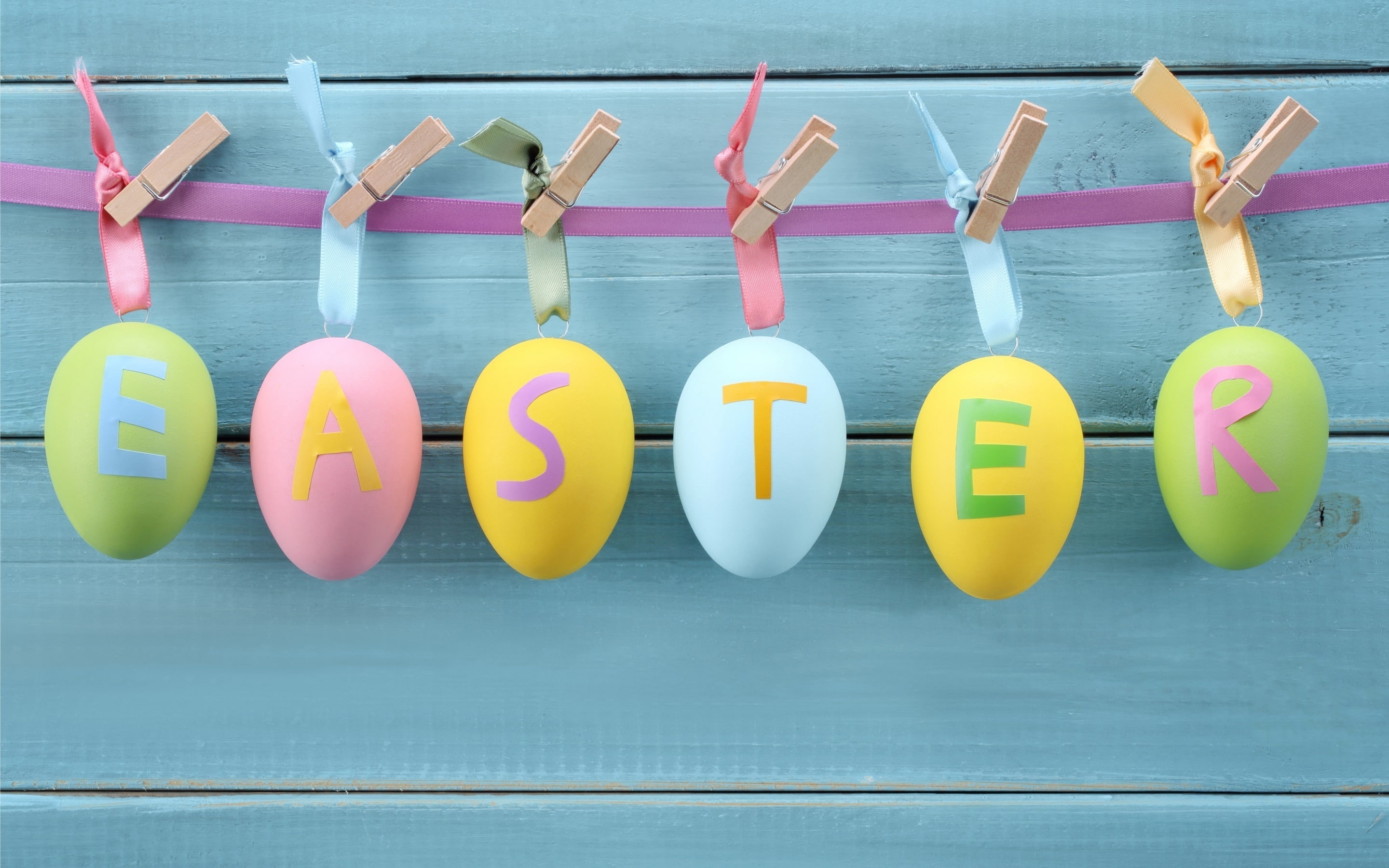hanging, pink, blue, easter eggs, 2K, decors, yellow, easter, green, decorations, HD Wallpaper