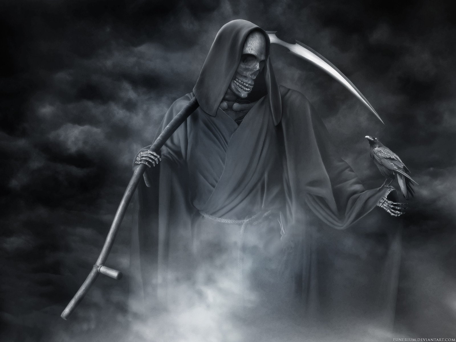 Crow, Skeleton, Scythe, Death, Dark, Grim Reaper, 720P, Fog, Fantasy, HD Wallpaper