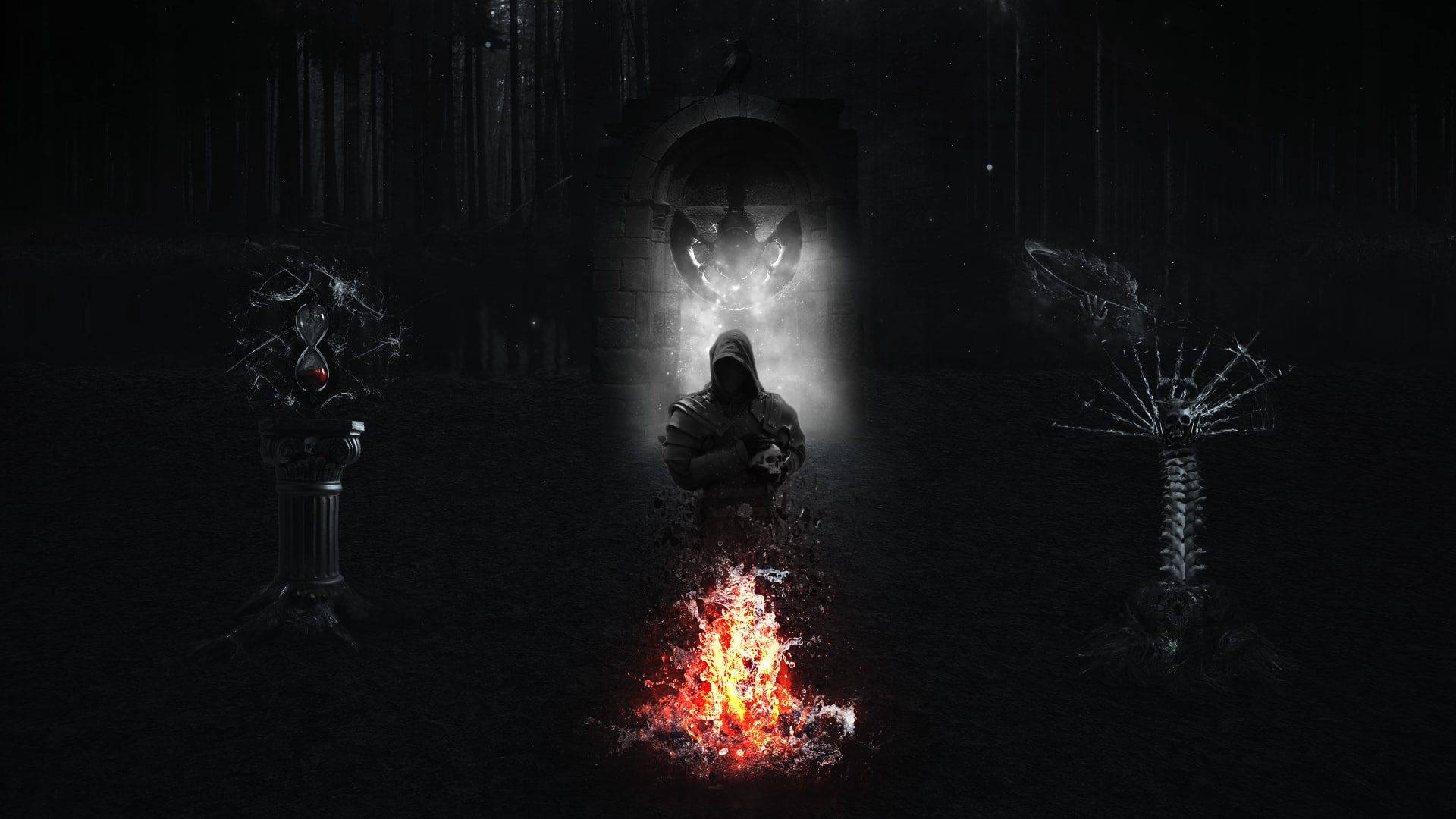 shadow, fire, souls, trees, forest, hourglasses, roots, rock, gloomy, crow, demon, dark, skull, black, Grim Reaper, ghosts, 1080P, mist, night, reaper, HD Wallpaper