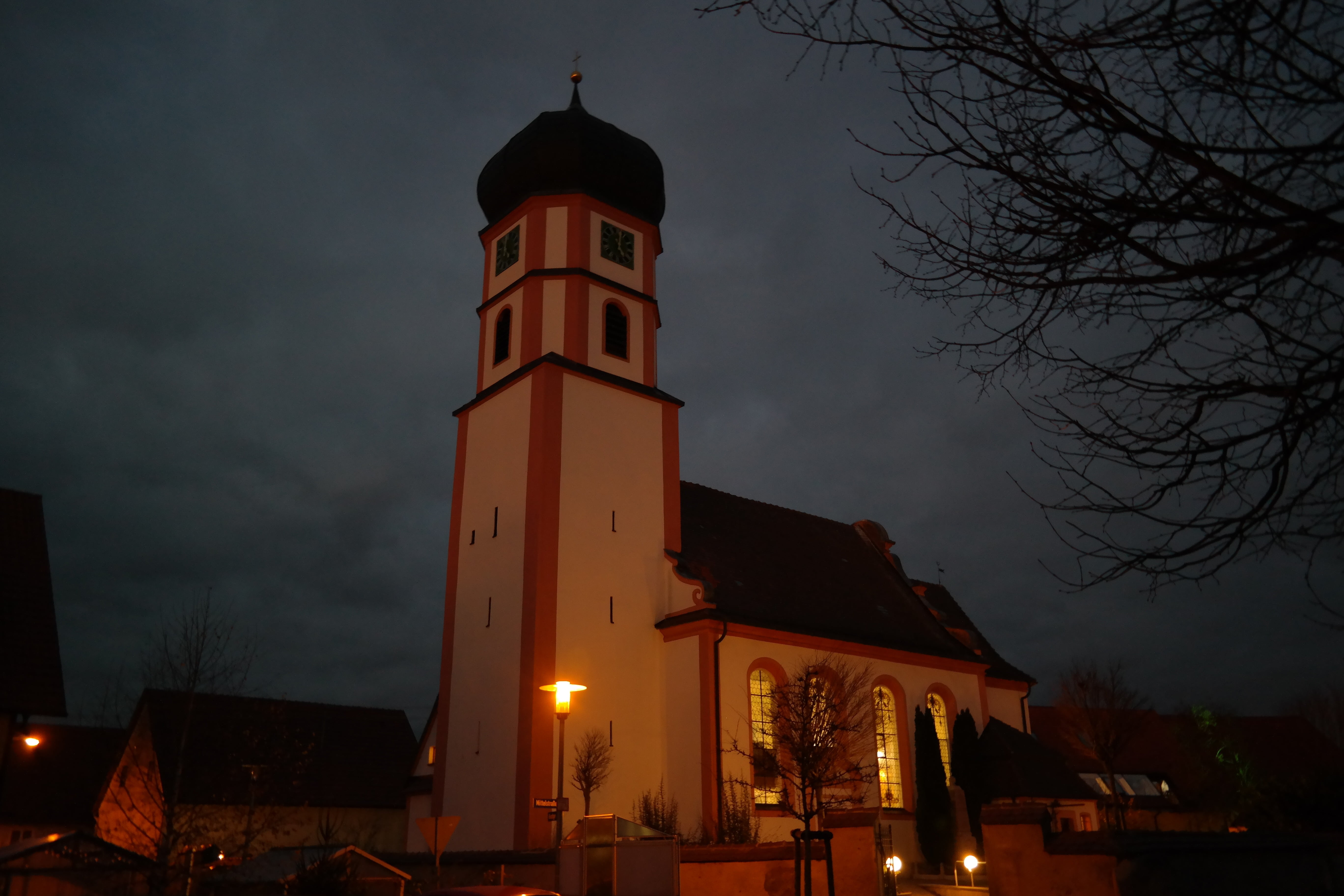 low angle view, architecture, no people, evangelical parish, cloud - sky, religion, belief, tree, 5K, building exterior, at night, church, illuminated, HD Wallpaper