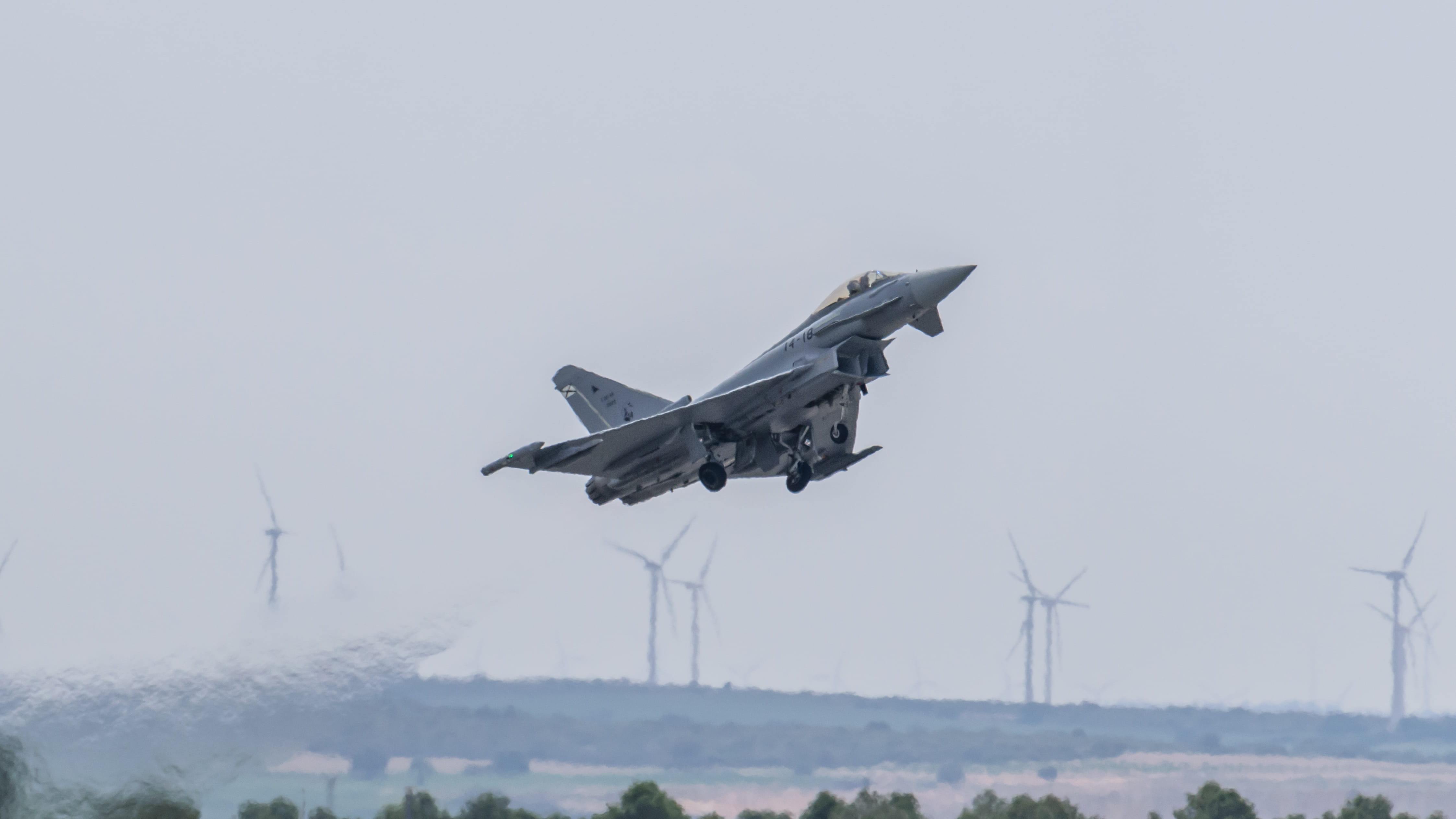 windmill, nature, fighter, jet, day, no people, mid-air, military, aircraft, fighter plane, fighter jet, air force, air vehicle, spain, warplane, eurofighter, HD Wallpaper