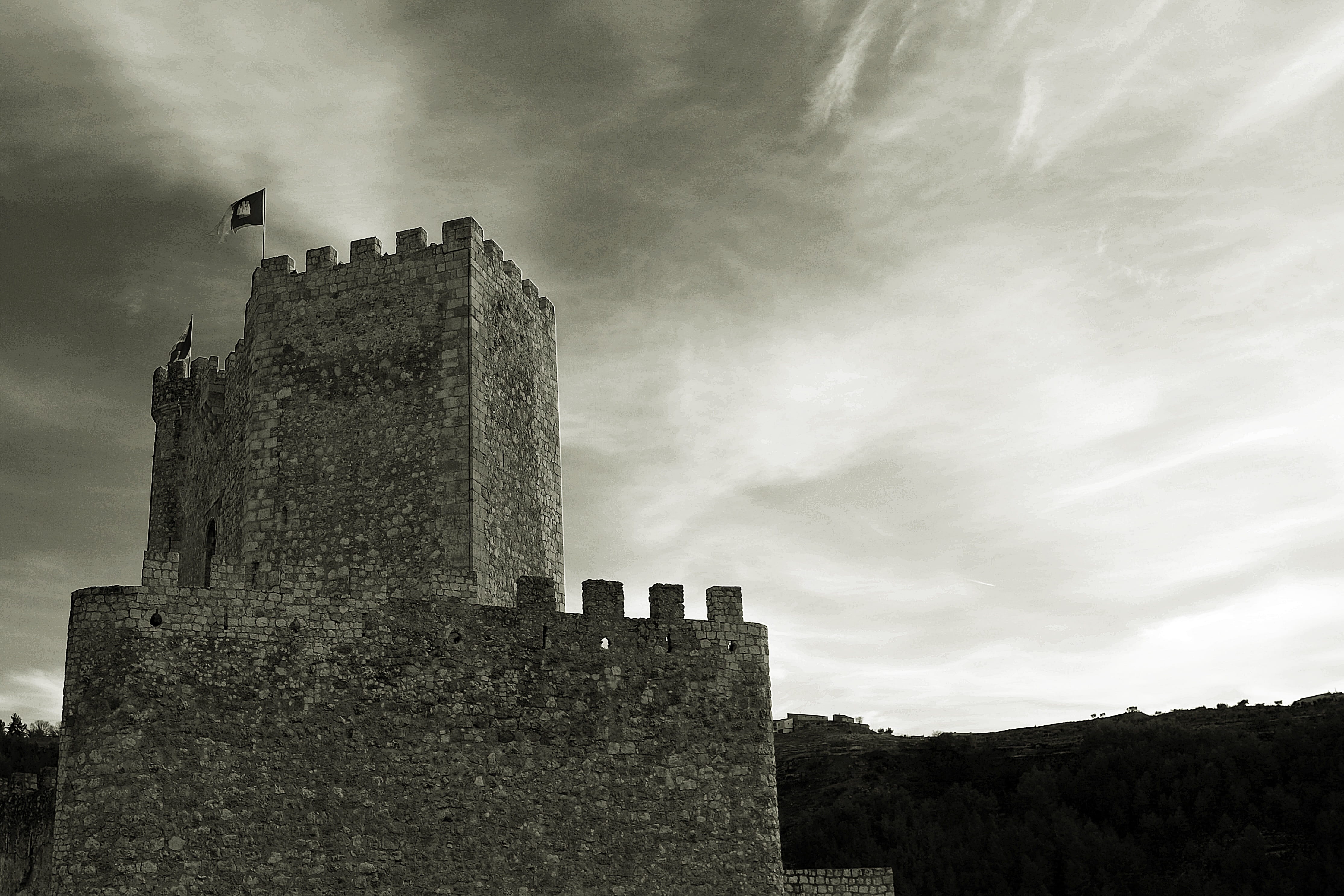ruined, low angle view, vertebrate, architecture, building, spain, cloud - sky, fortress, building exterior, Alcalá Del Júcar, old ruin, Albacete, bird, HD Wallpaper