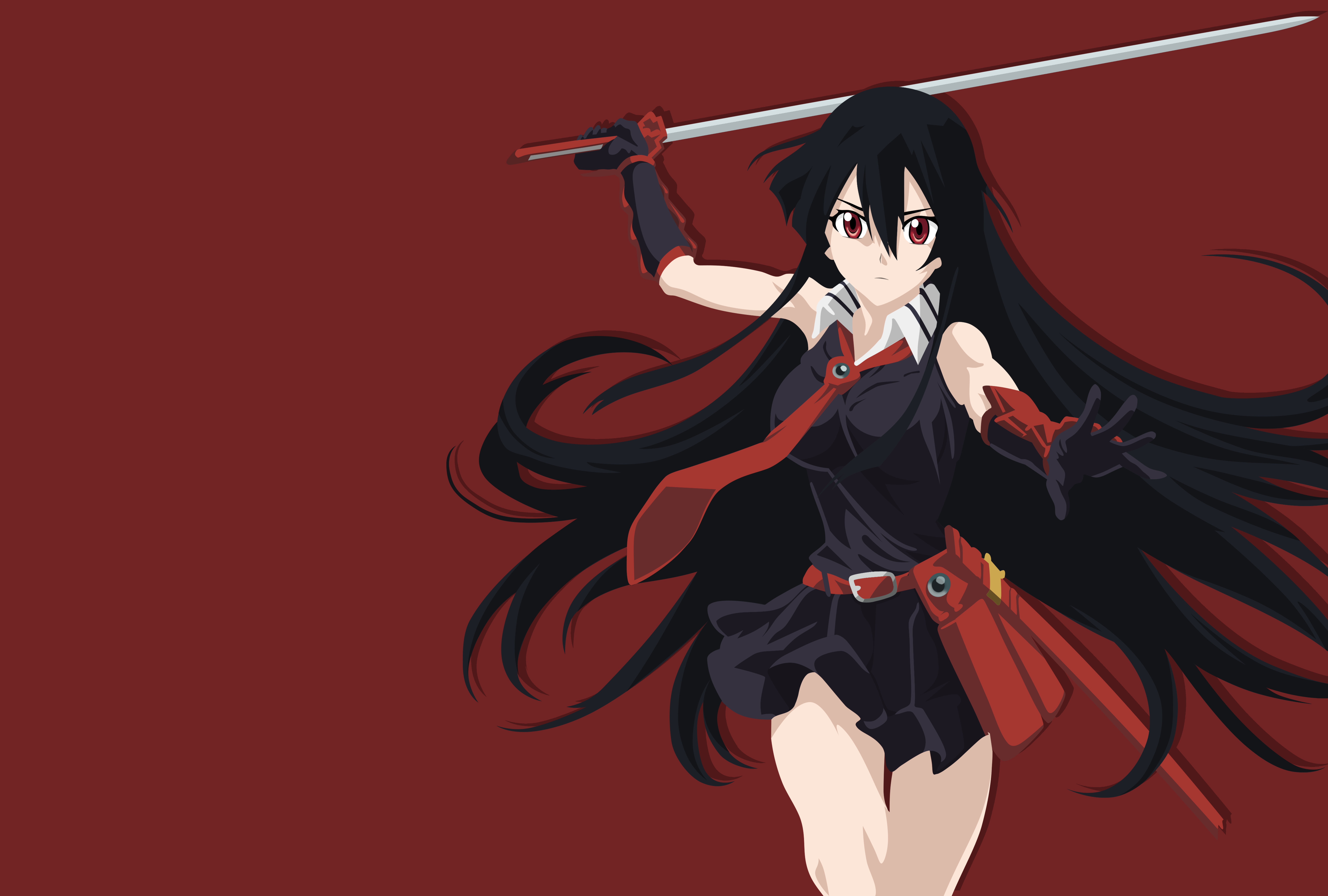8K, hairstyle, Akame ga Kill!, red, indoors, cut out, arms raised, fashion, Akame, young adult, black color, holding, young women, anime girls, front view, HD Wallpaper
