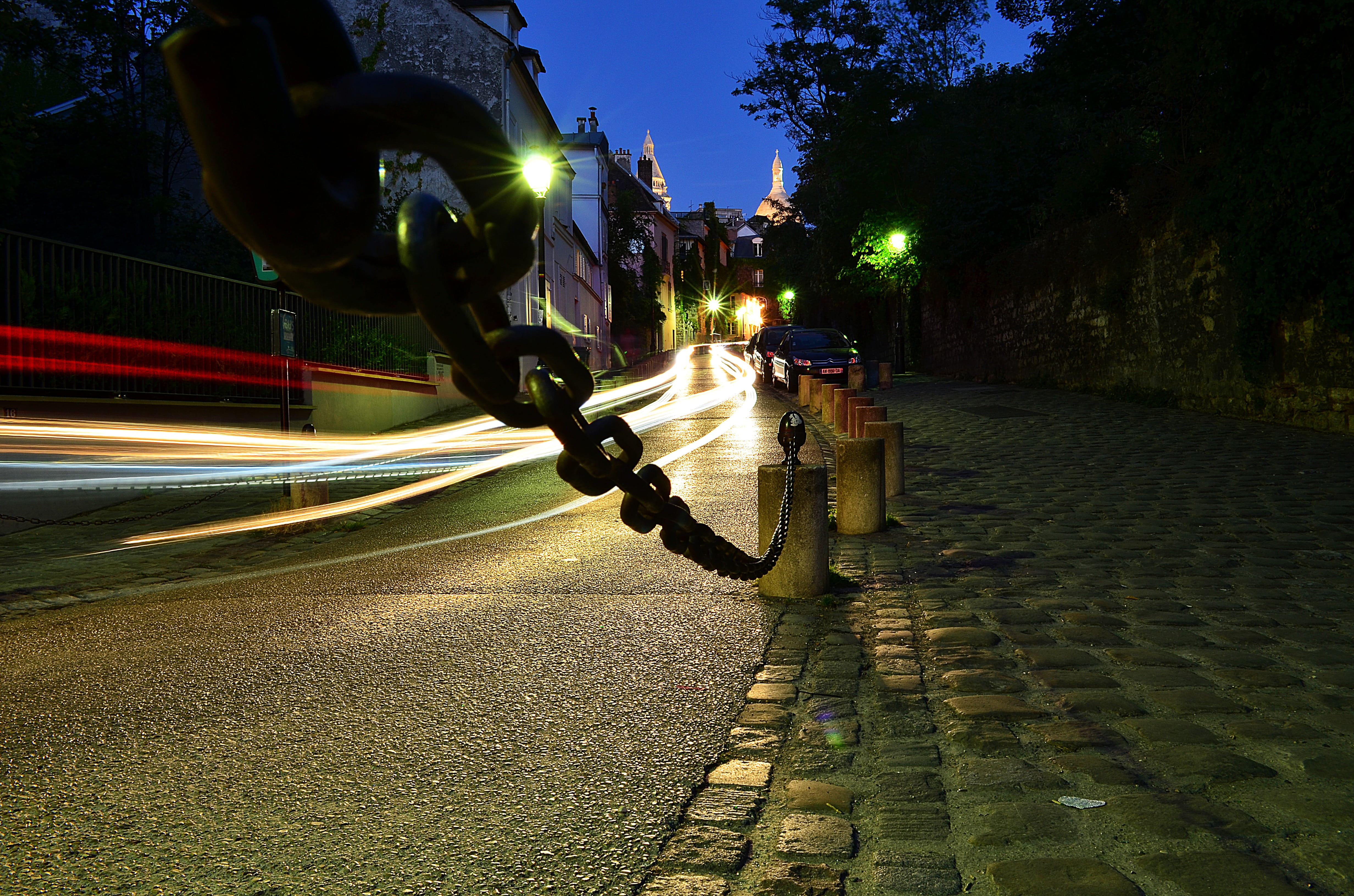 evening, illuminated, france, motion, montmartre, black, 4K, light, speed, cathedral, architecture, steel, travel, light trail, nature, night, mode of transportation, HD Wallpaper
