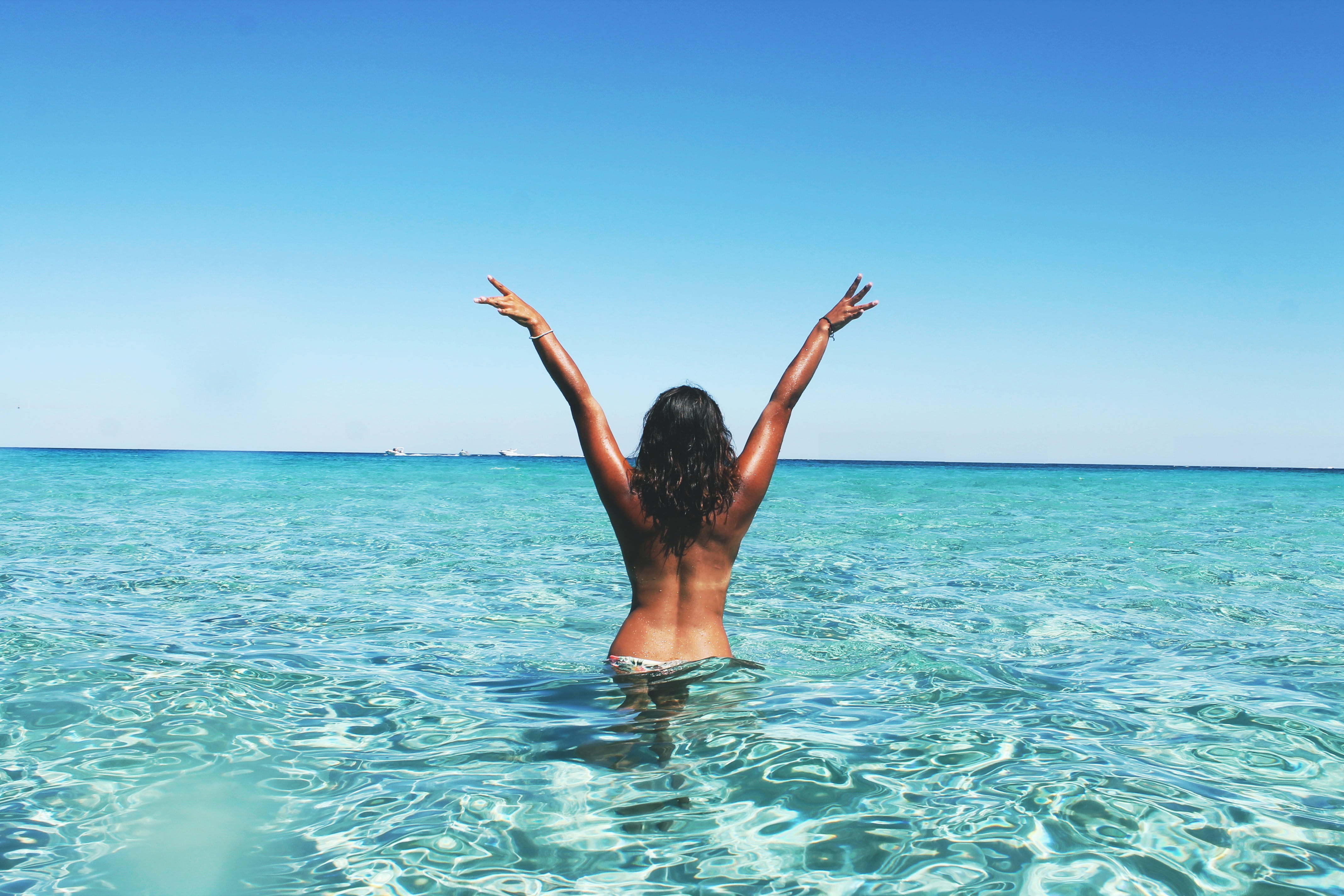 day, skin, body, limb, women, one woman only, sea, horizon over water, human body part, arms raised, only women, hairstyle, daytime, nature, water, beach, HD Wallpaper