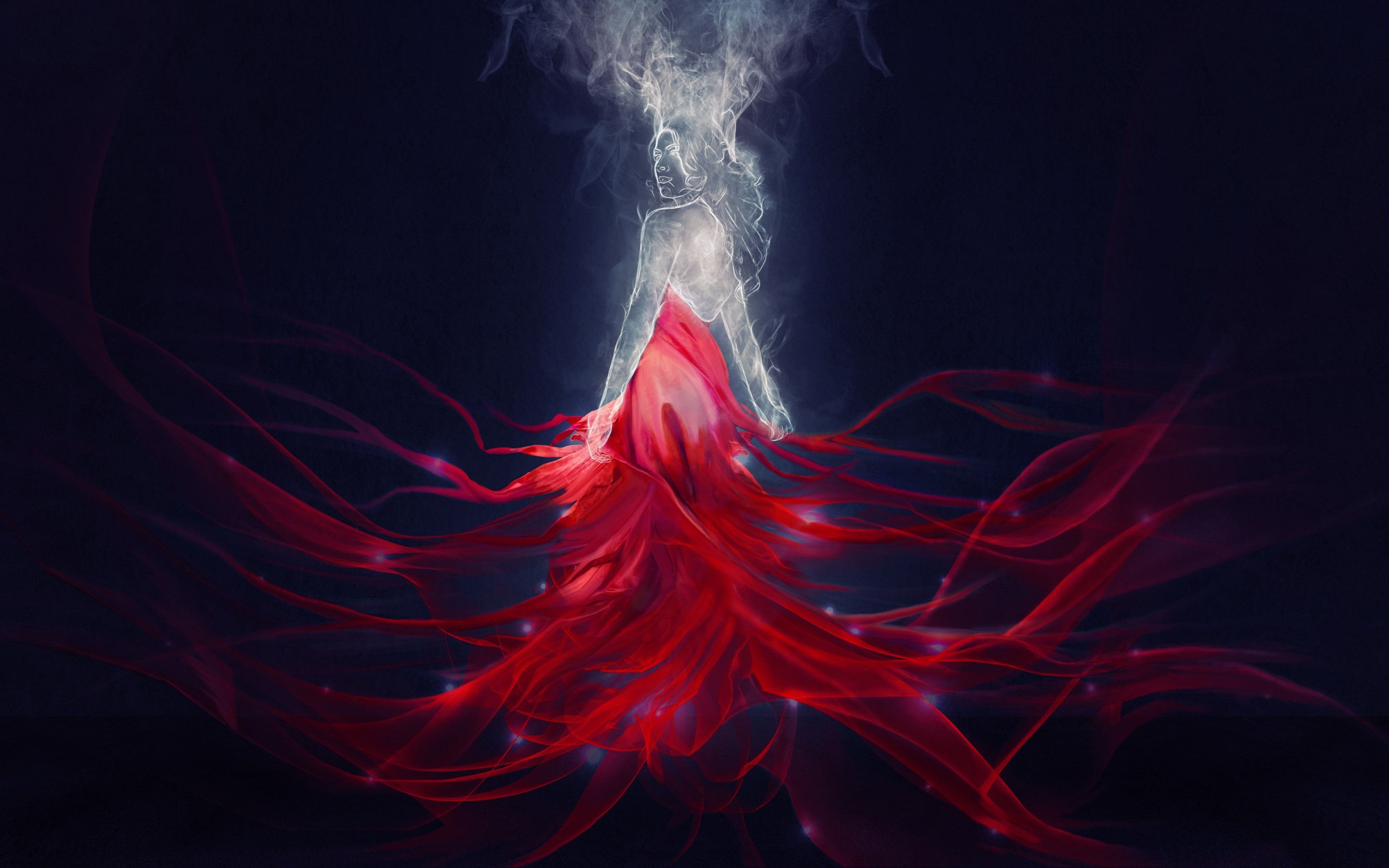 red, smoke, fantasy art, woman, art, fantasy, red dress, 2K, dress, HD Wallpaper