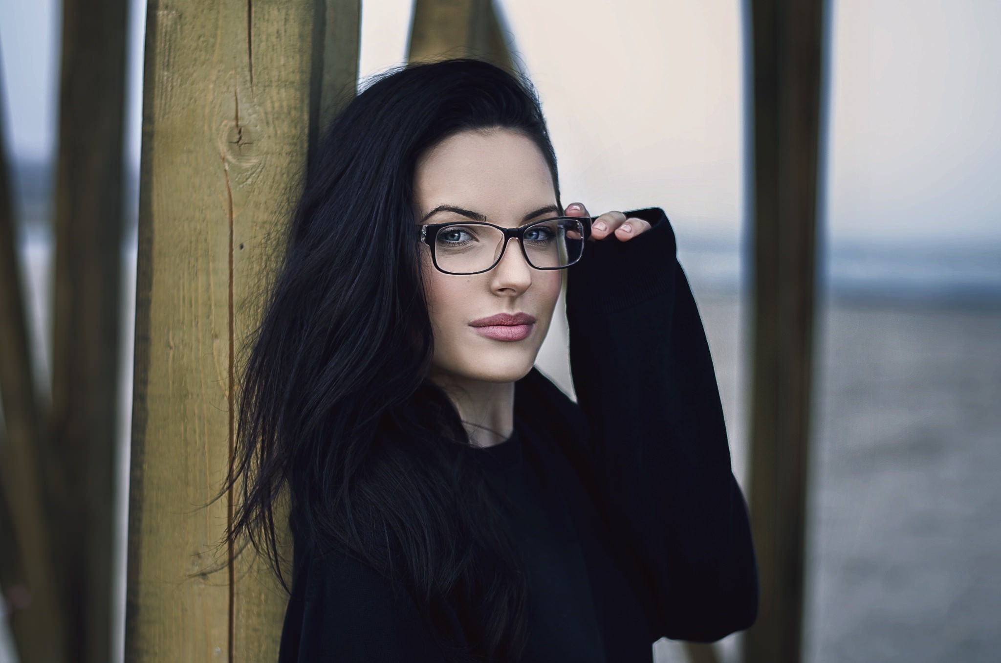 eyeglasses, frame, glasses, sweater, face, model, 1080P, blue, women, s, brunette, black, portrait, eyes, blue eyes, HD Wallpaper