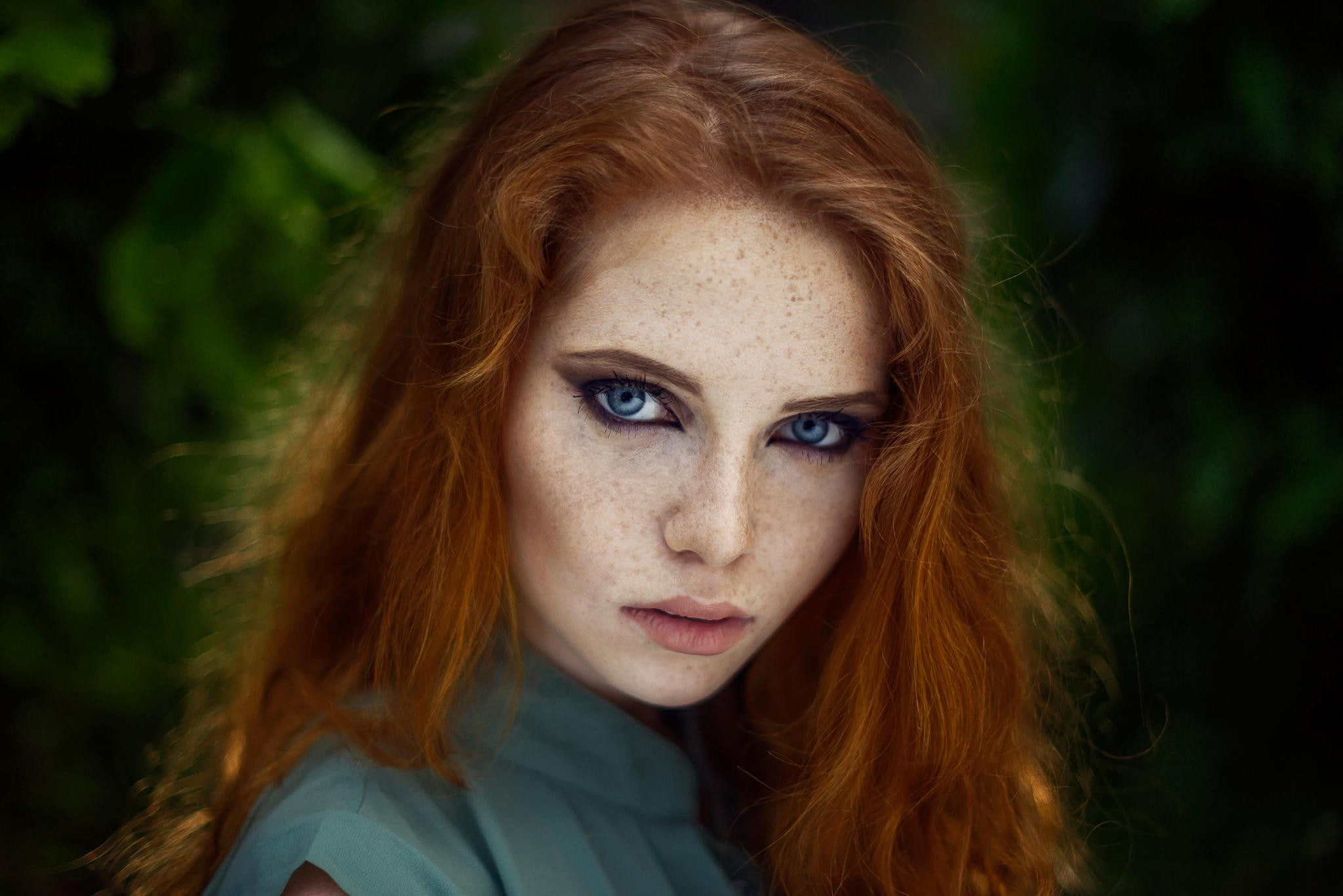 bokeh, women, freckles, long hair, long, 1080P, blue eyes, eyes, blue, face, hair, HD Wallpaper