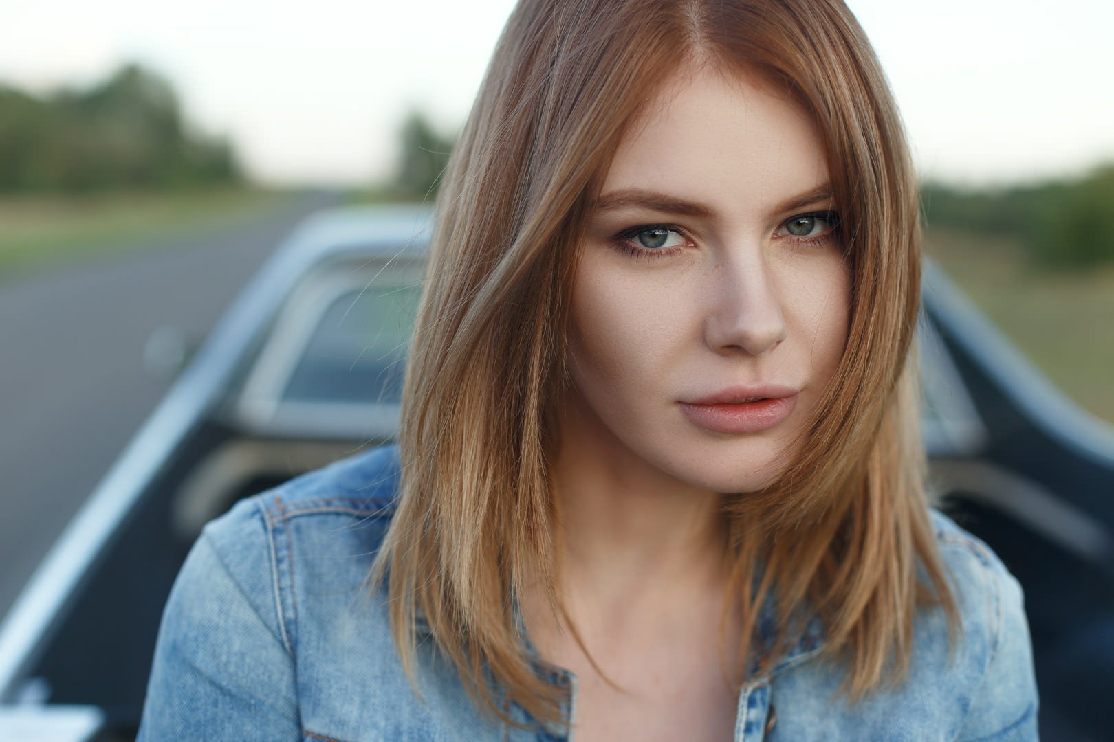 face, portrait, jacket, women, blue, blue eyes, s, blonde, 720P, denim, eyes, HD Wallpaper