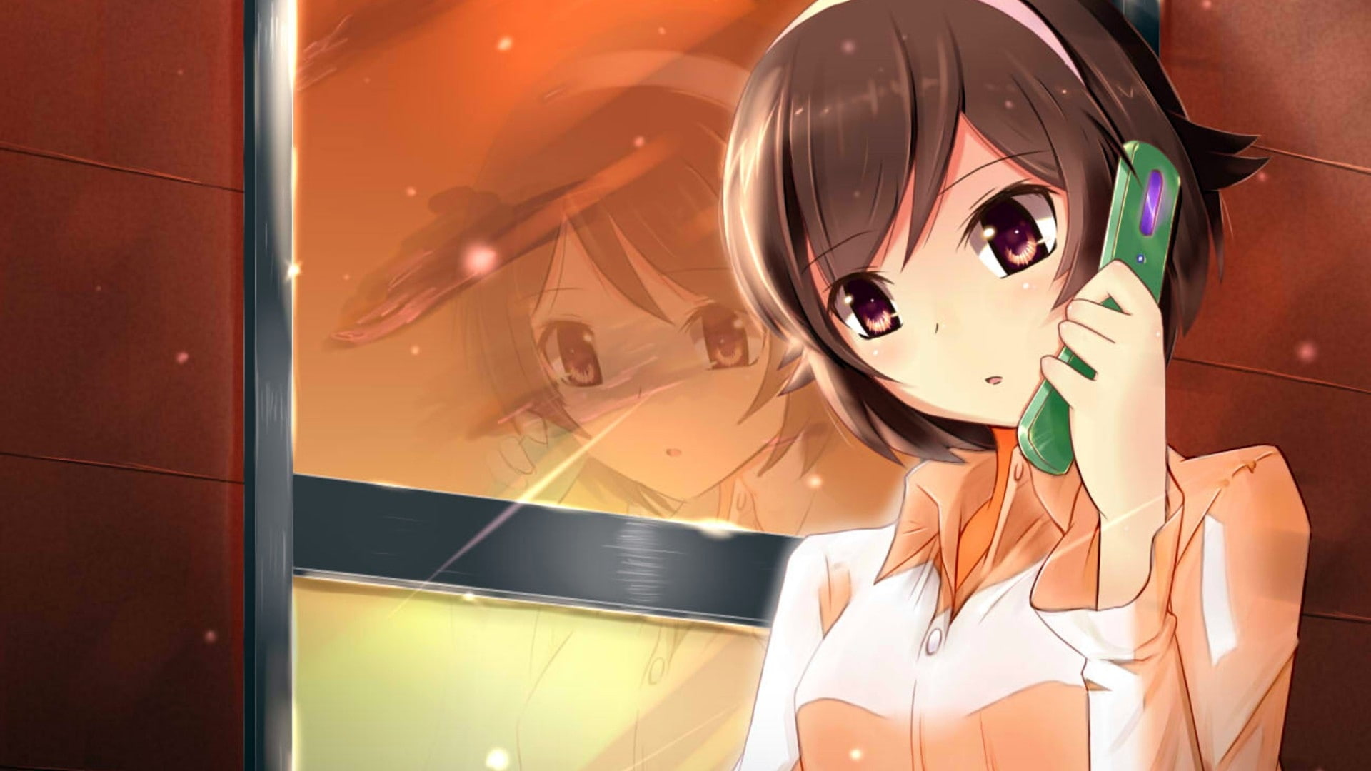 anime, game cg, short, hd, brunettes, 1080P, hair, cg, game, short hair, reflections, d, window panes, knows, panes, girl, The World God Only Knows, cellphones, HD Wallpaper
