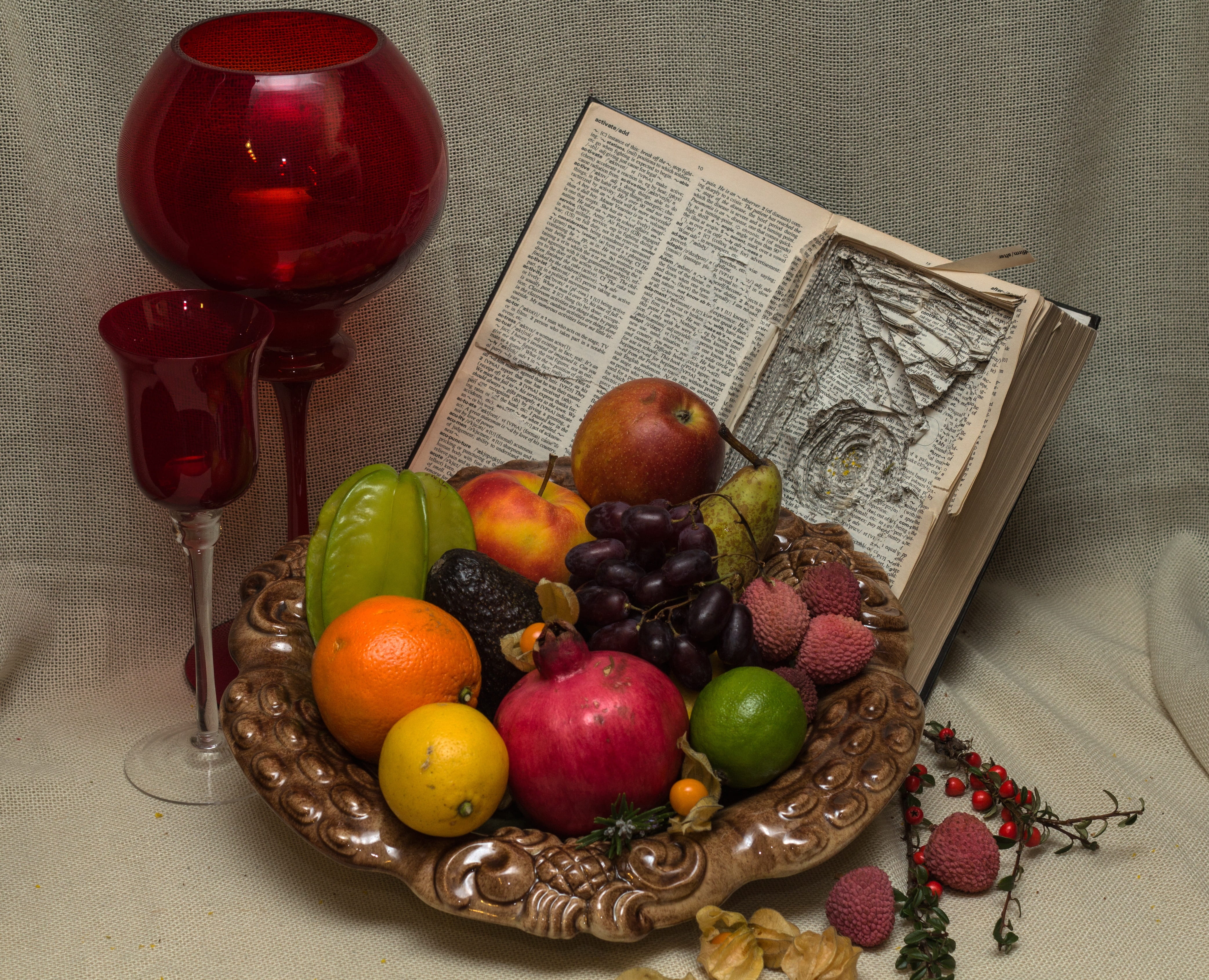 fruit bowl, healthy eating, grape, cherry, food and drink, still life, red, fruits, indoors, table, paper, container, no people, book, chalices, wellbeing, HD Wallpaper