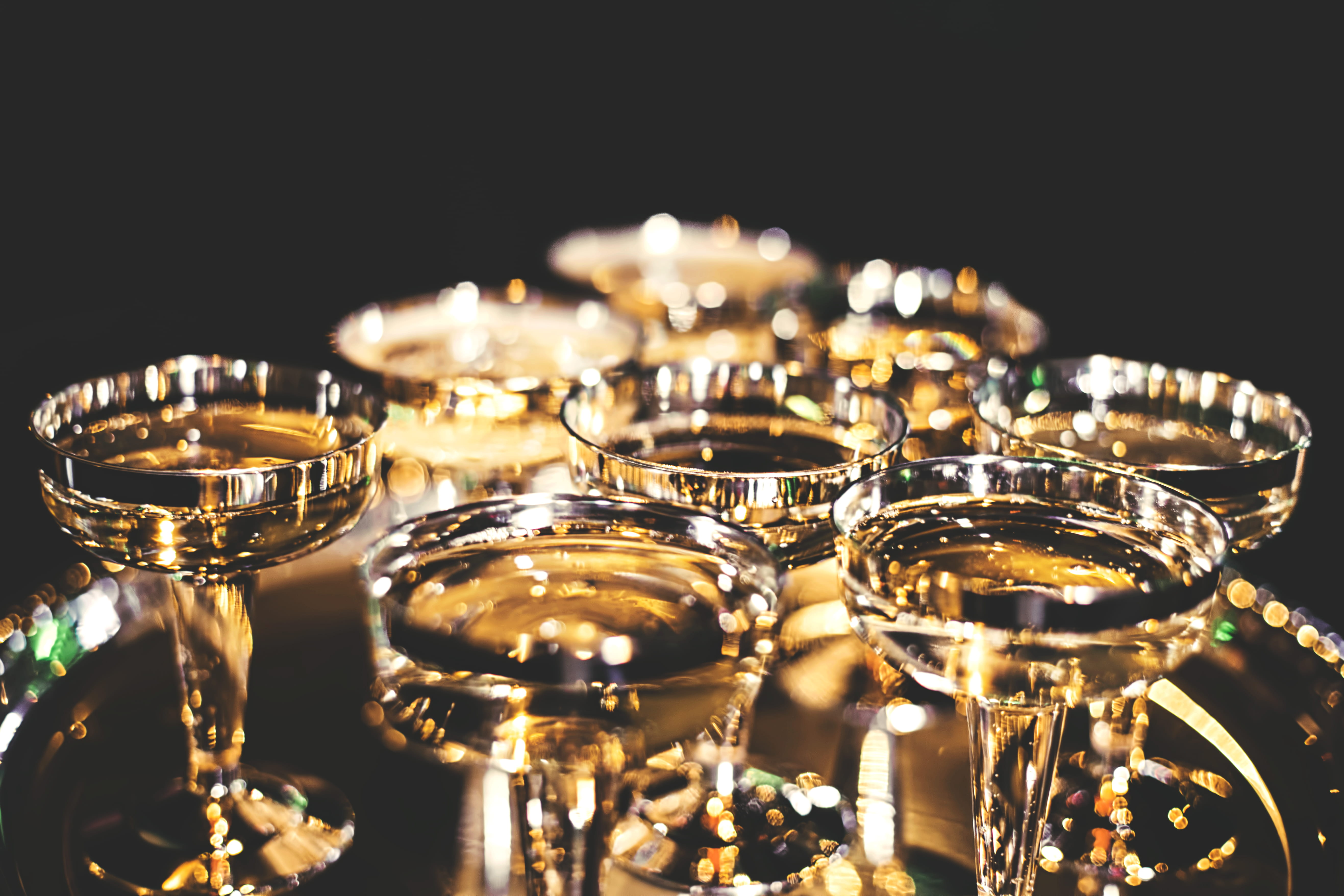 table, 5K, selective focus, celebration, no people, set, food and drink, glass - material, black background, gold colored, shiny, metal, luxury, gold, HD Wallpaper