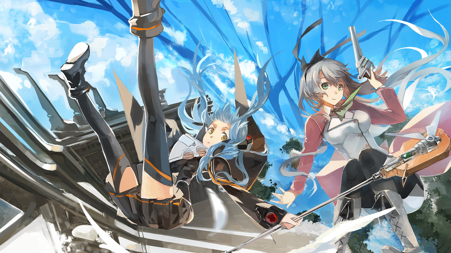 gun, 1080P, The Legend of Heroes, Tio Plato, blue hair, anime, Eiyuu Densetsu Zero no Kiseki, sky, green eyes, rod, pistol, yellow eyes, pantsu shot, Elie, HD Wallpaper
