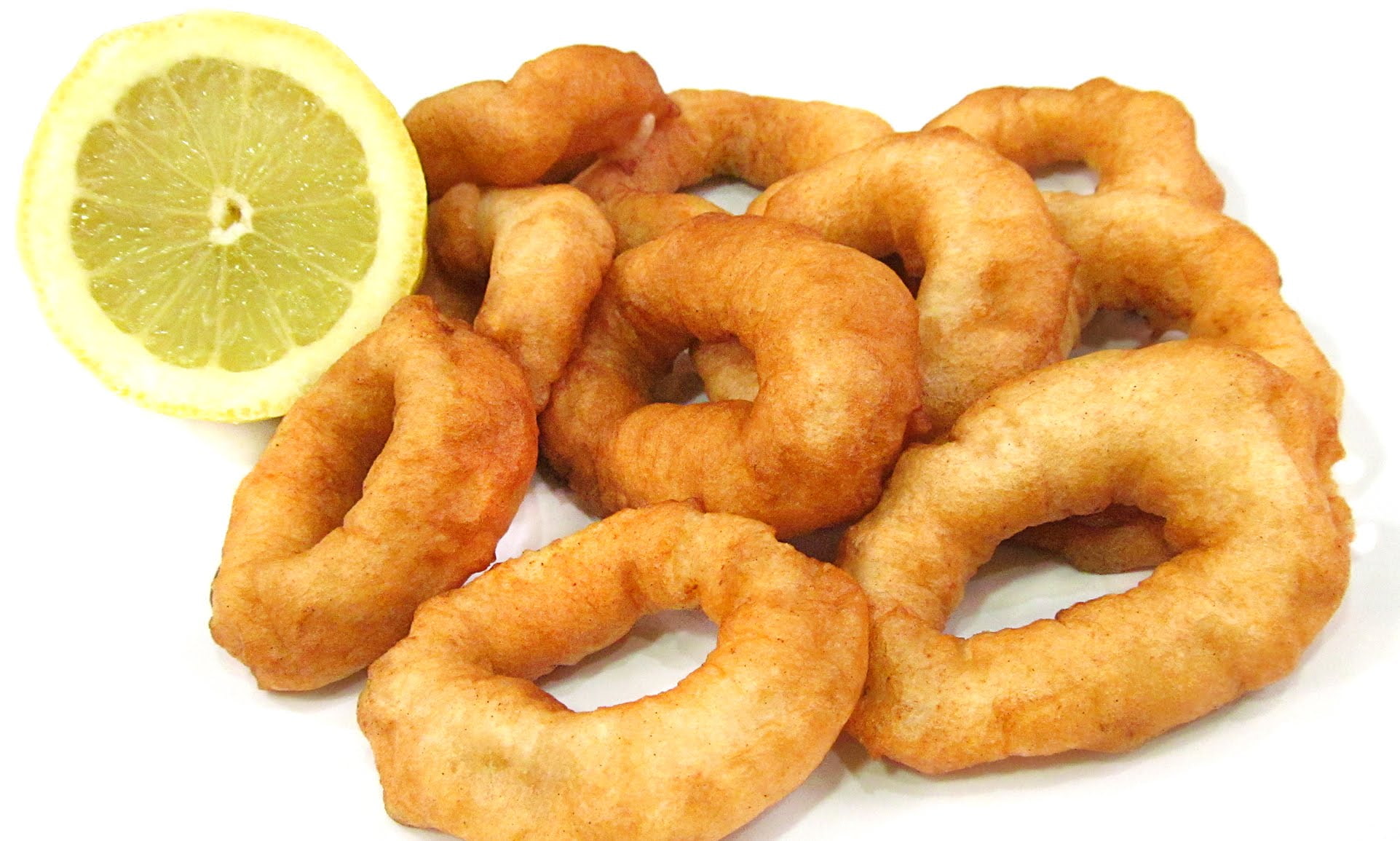 indoors, calamares, 1080P, snack, fast food, still life, onion ring, ready-to-eat, freshness, shape, deep fried, citrus fruit, close-up, fruit, unhealthy eating, HD Wallpaper