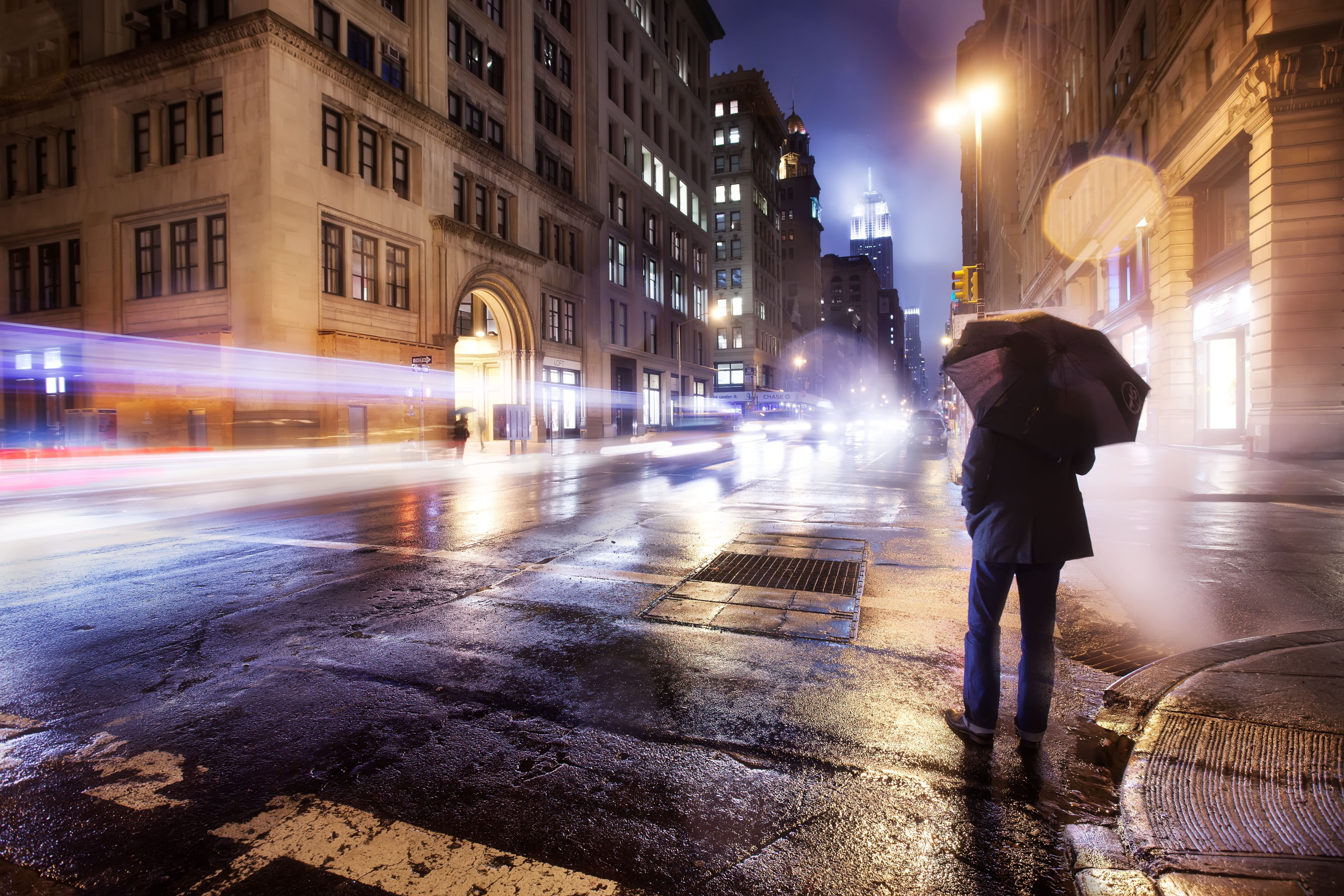 light trails, intersections, umbrella, 5K, long exposure, HD Wallpaper