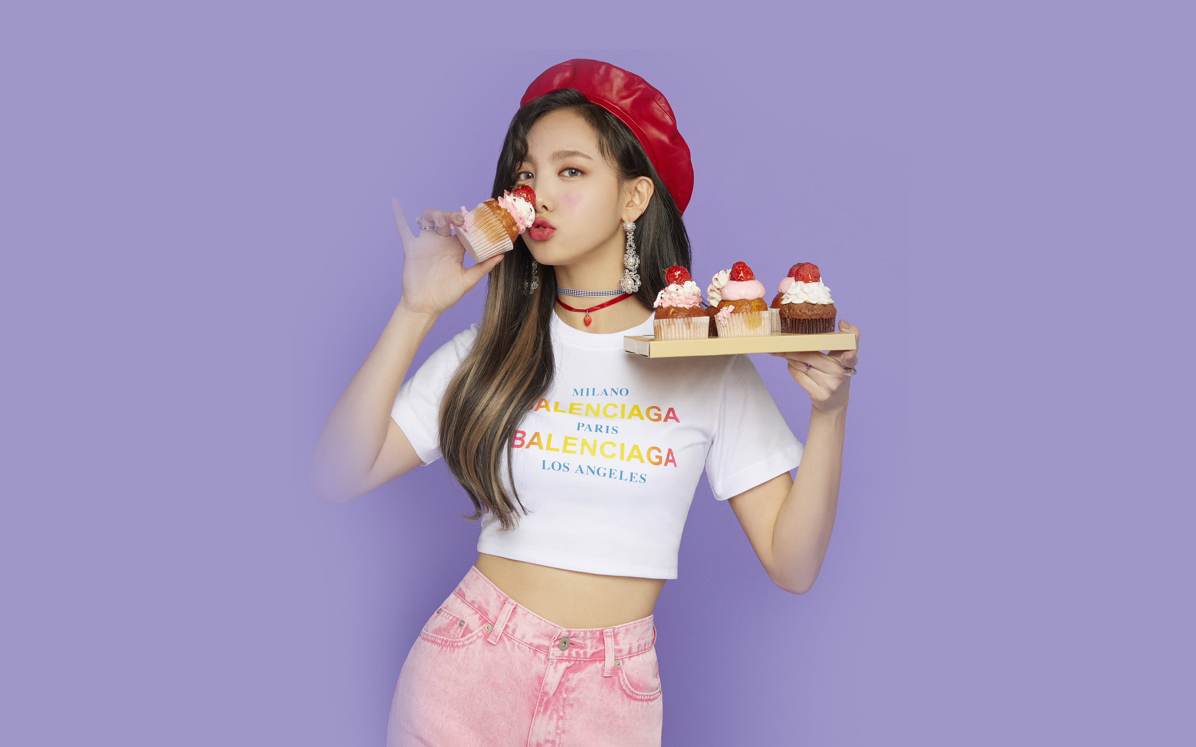 sweet, twice, women, waist up, kpop, beautiful woman, hairstyle, 4K, young women, dessert, music, front view, baked, purple, cake, indulgence, portrait, HD Wallpaper