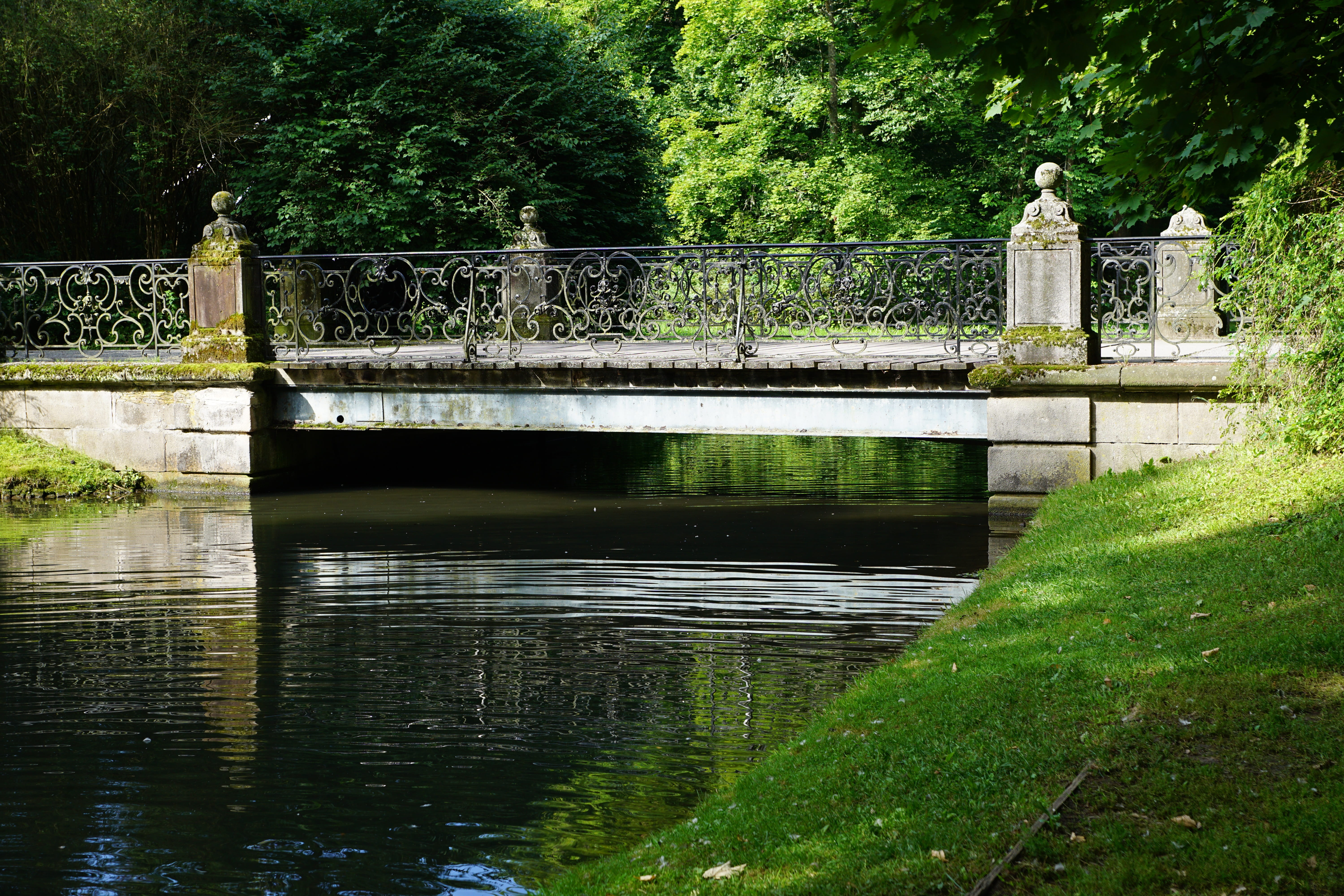 tree, more, meadow, bridge, growth, castle pond, formal garden, human representation, statue, autumn, lake, landscape, no people, park, iron bridge, germany, HD Wallpaper