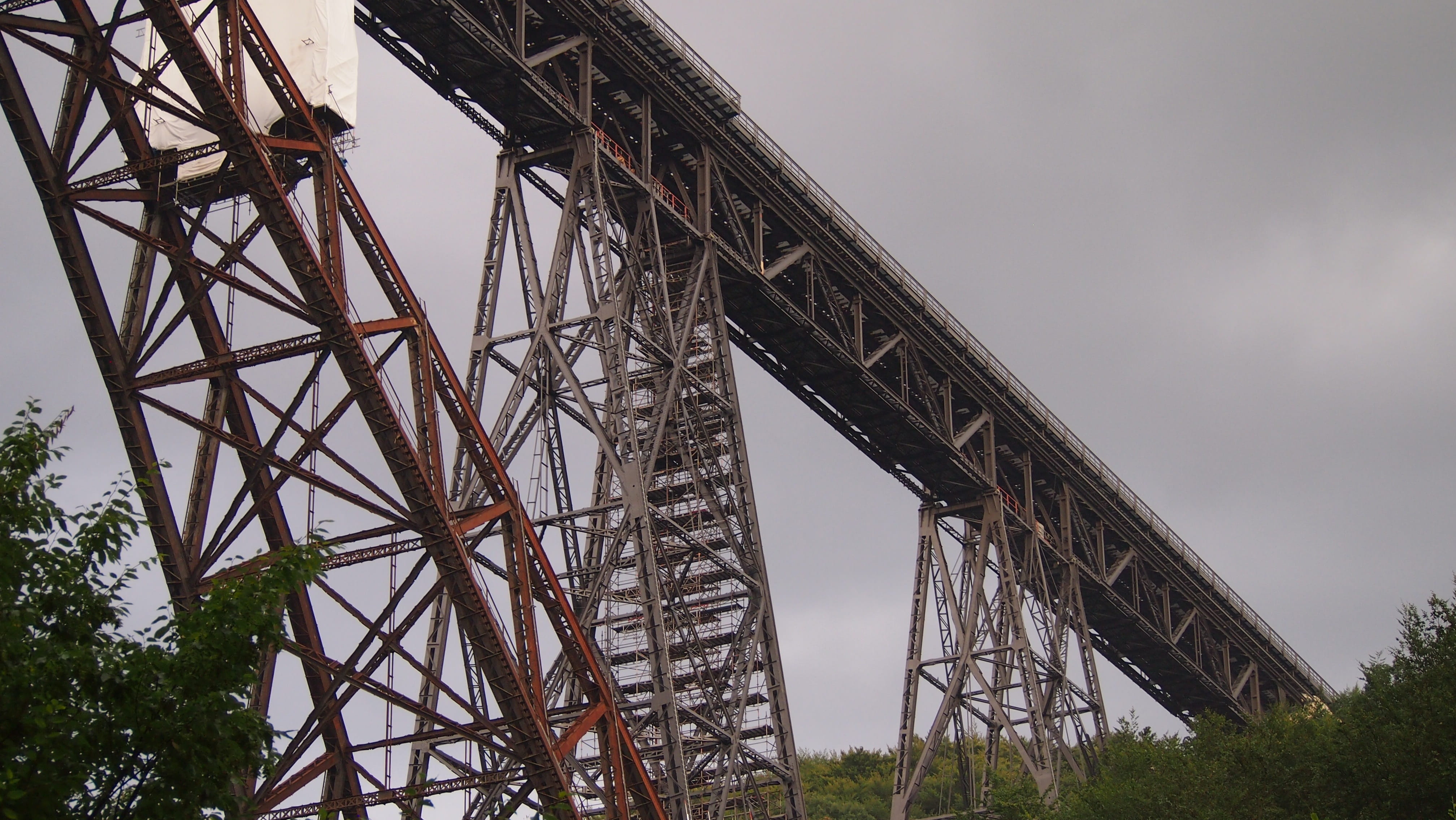 transportation, plant, bridge - man made structure, cross, nature, railway bridge, iron construction, connection, outdoors, cloud - sky, tree, steel structure, HD Wallpaper
