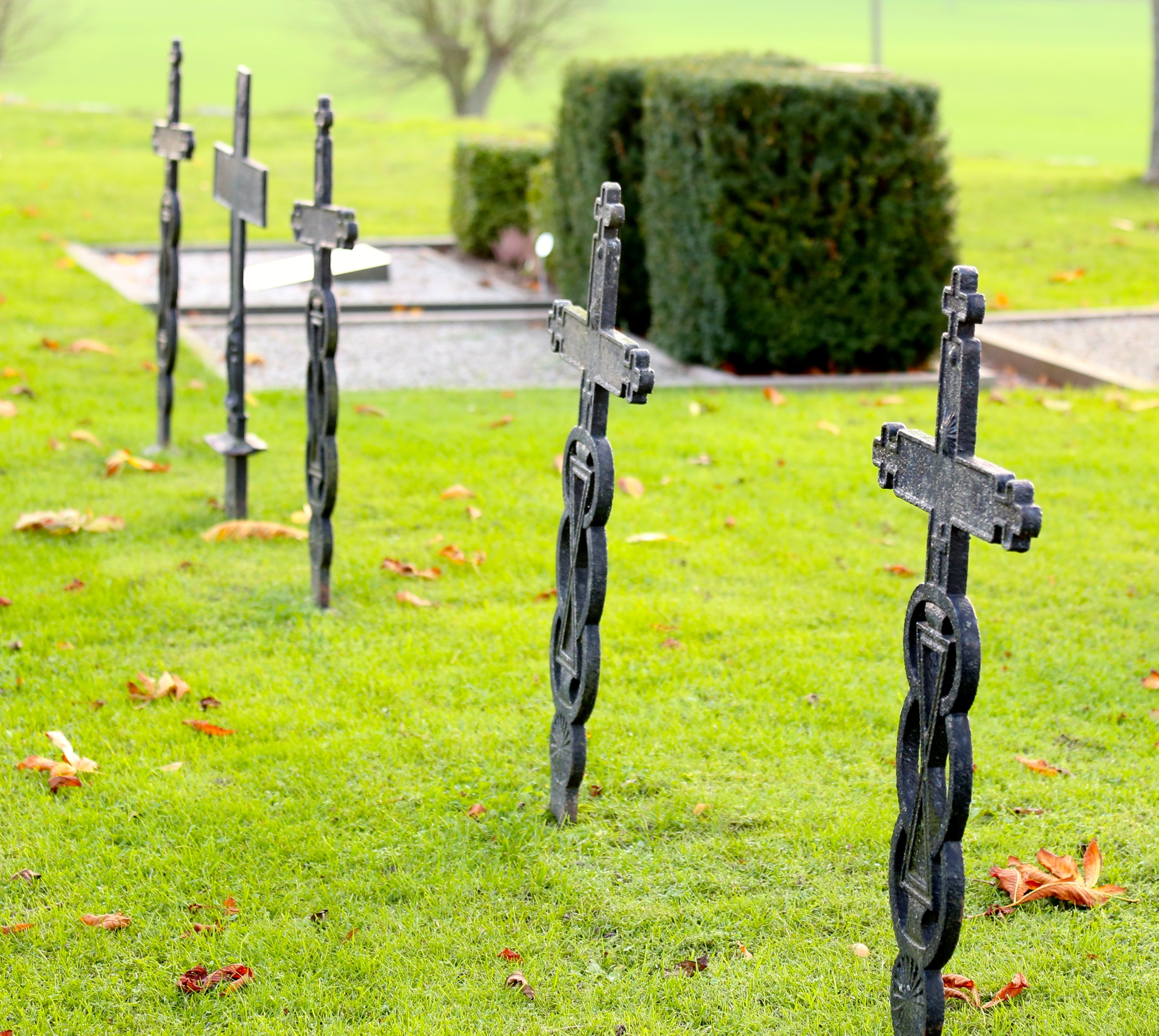 green color, field, old cemetery, religion, grass, barrier, land, boundary, carved, cemetery, fence, outdoors, nature, tomb, no people, cross, 2K, focus on foreground, HD Wallpaper