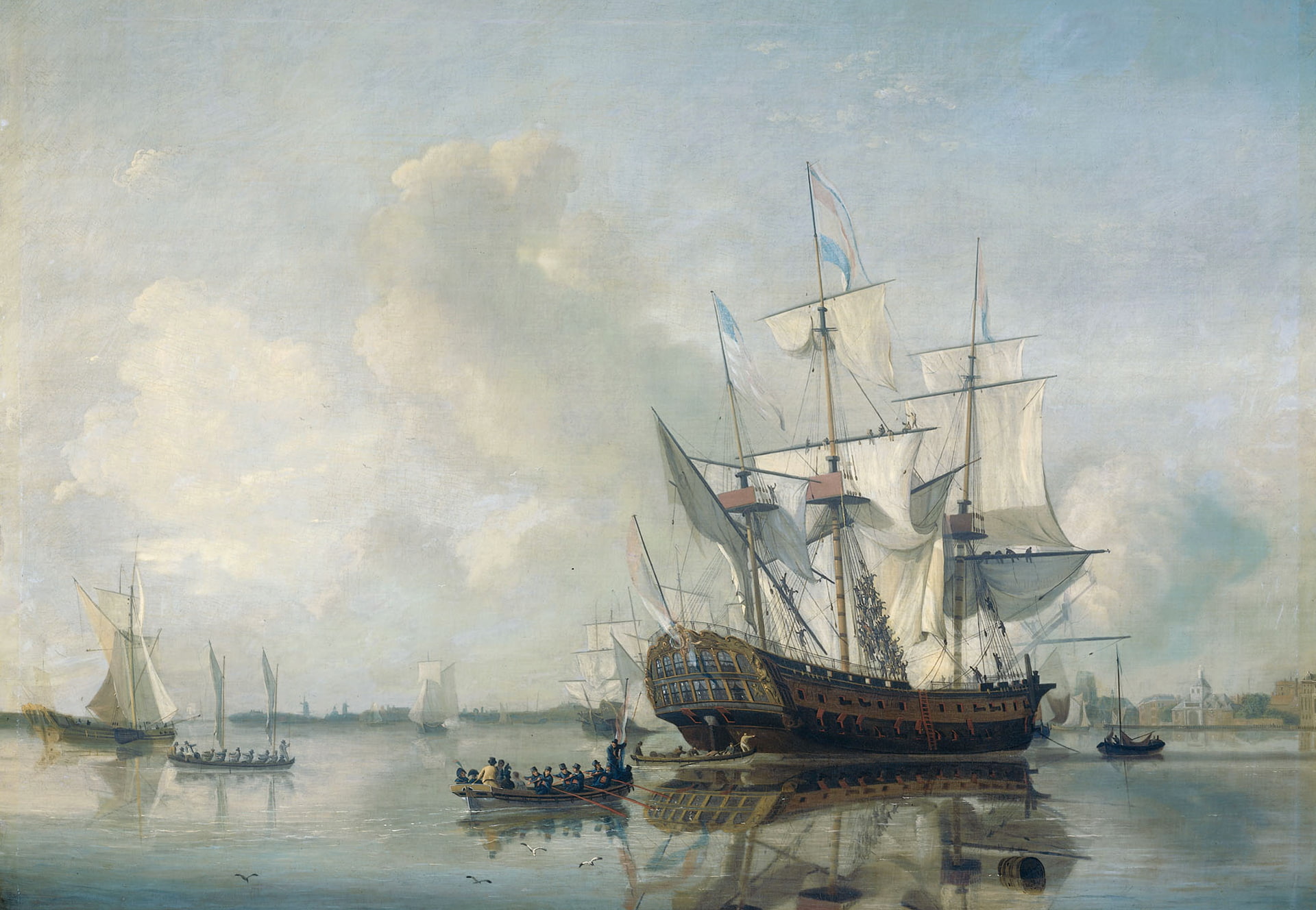 picture, Nicolaas Baur, ship, 1080P, sails, seascape, boat, The frigate Rotterdam on the River Maas in Rotterdam, HD Wallpaper