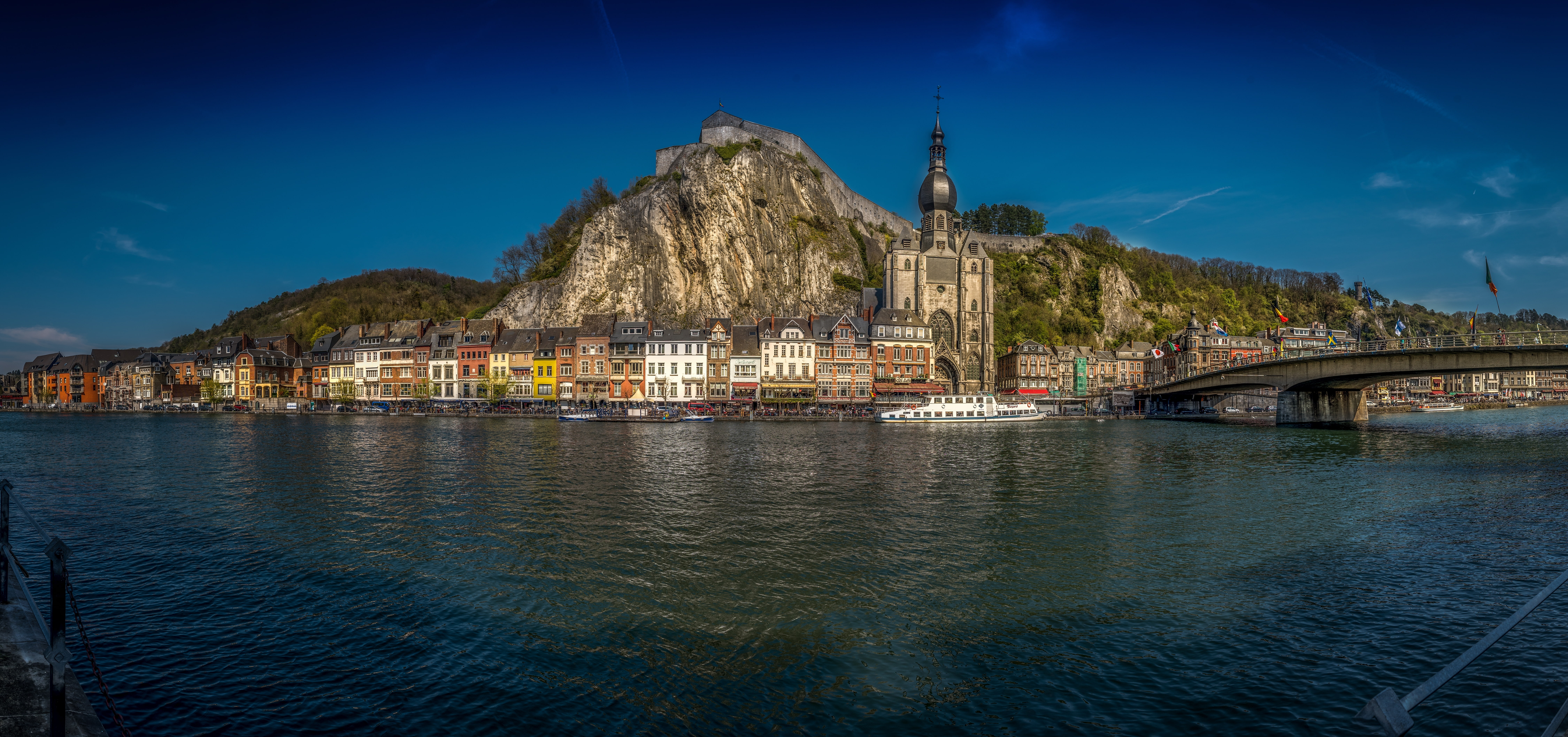 building, Dinant, River Meuse, NAMUR, river, mountains, the river Maas, ship, promenade, Belgium, bridge, panorama, 8K, Church, Dinan, HD Wallpaper