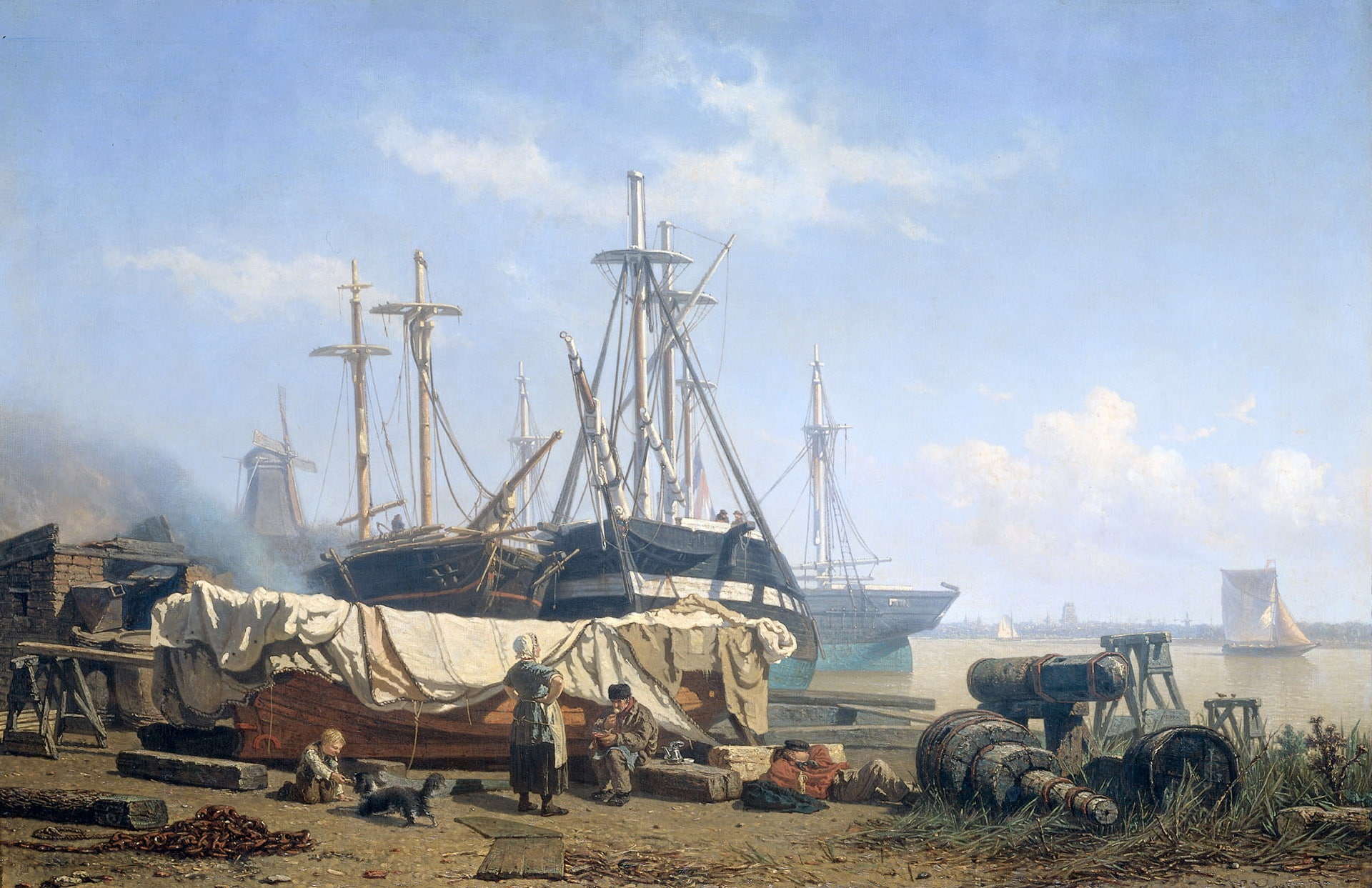 landscape, Johan Conrad Greive, genre, Lunchtime at the Shipyard on the River Maas, 1080P, ship, picture, HD Wallpaper