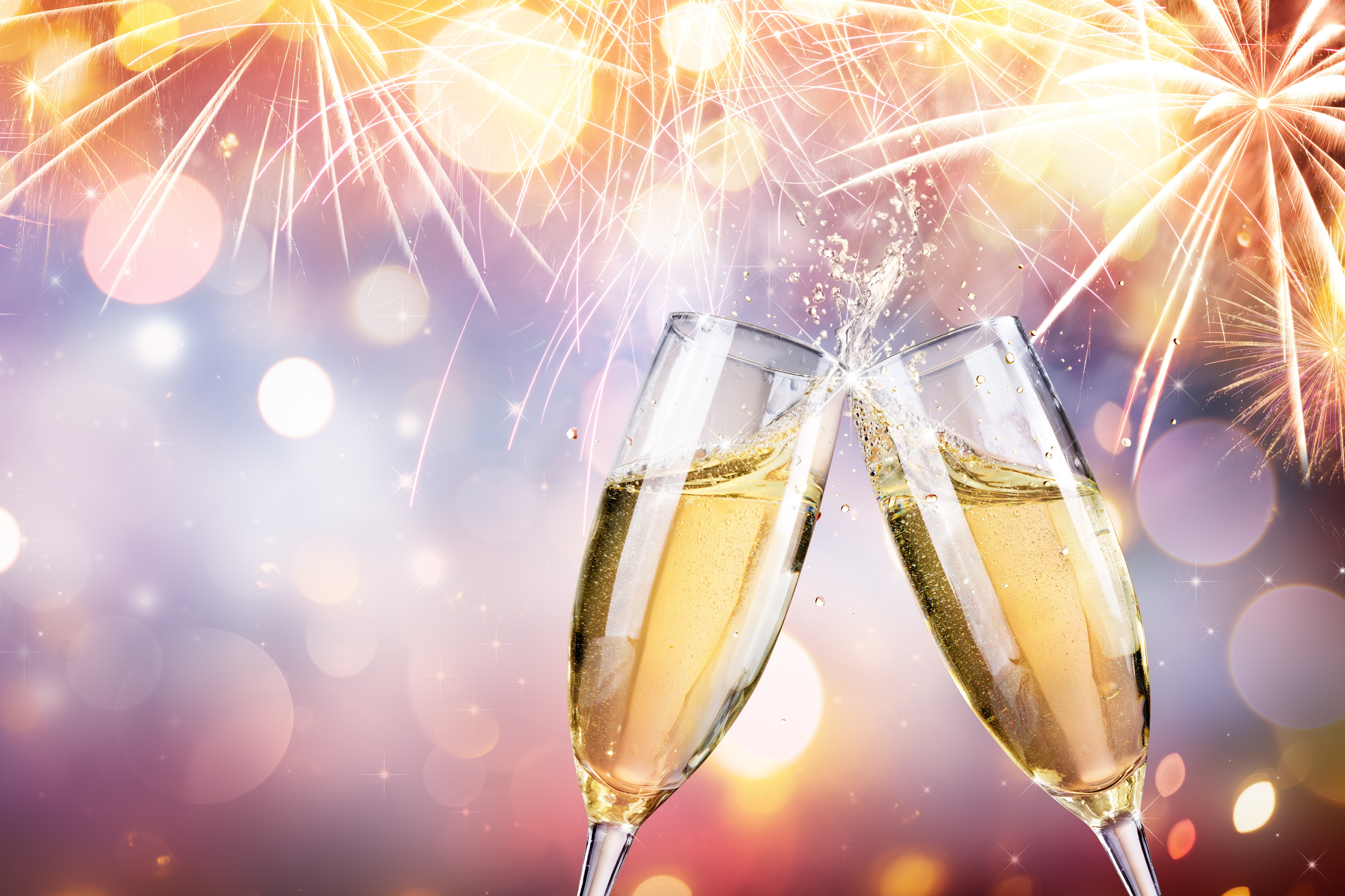 Celebration, New Year, Bokeh, Holiday, Fireworks, Champagne, 5K, Drink, Glass, Alcohol, HD Wallpaper
