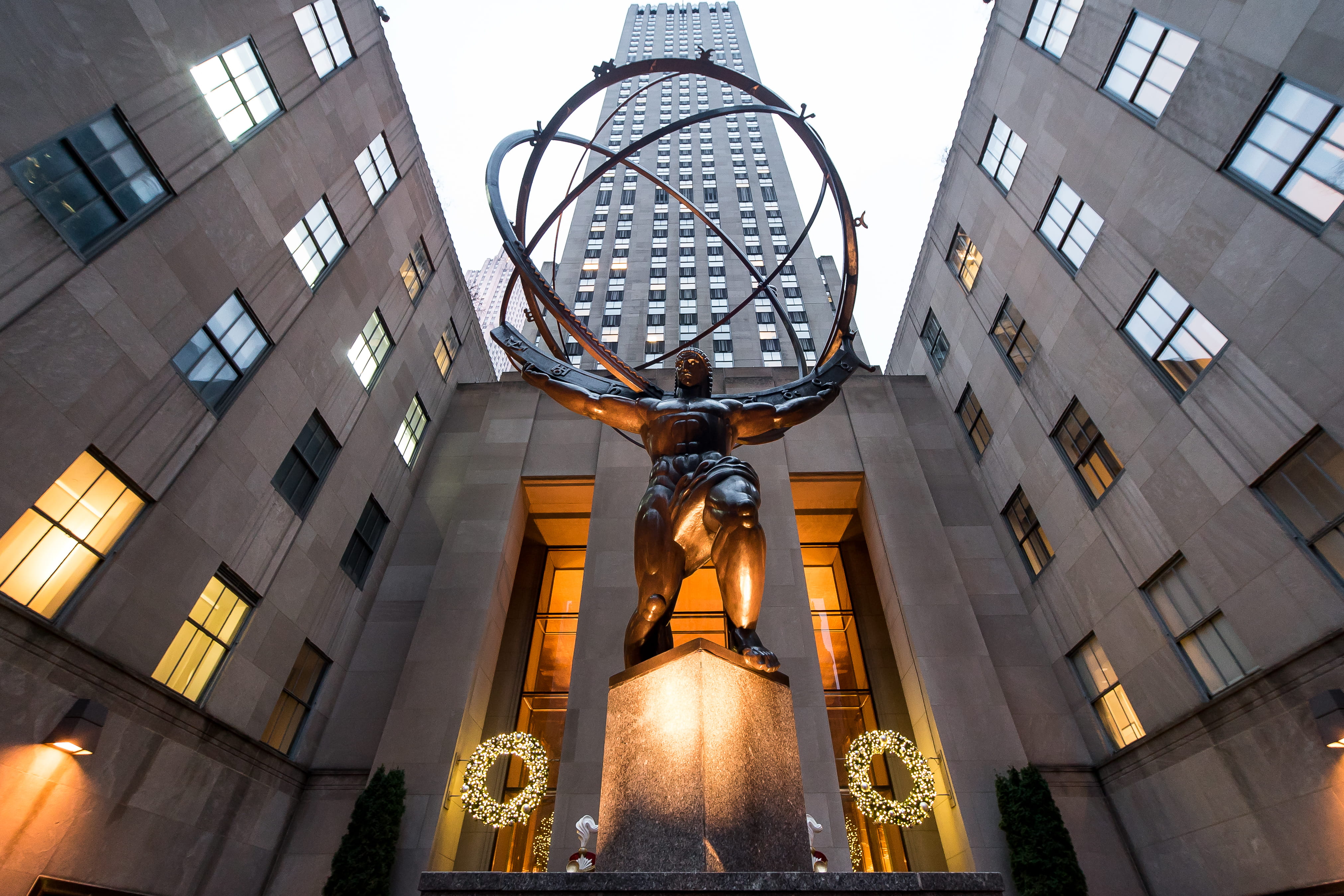 human representation, atlas, light, gold colored, monument, building, no people, street light, art, art deco, rockefeller plaza, sculpture, york, outdoors, HD Wallpaper